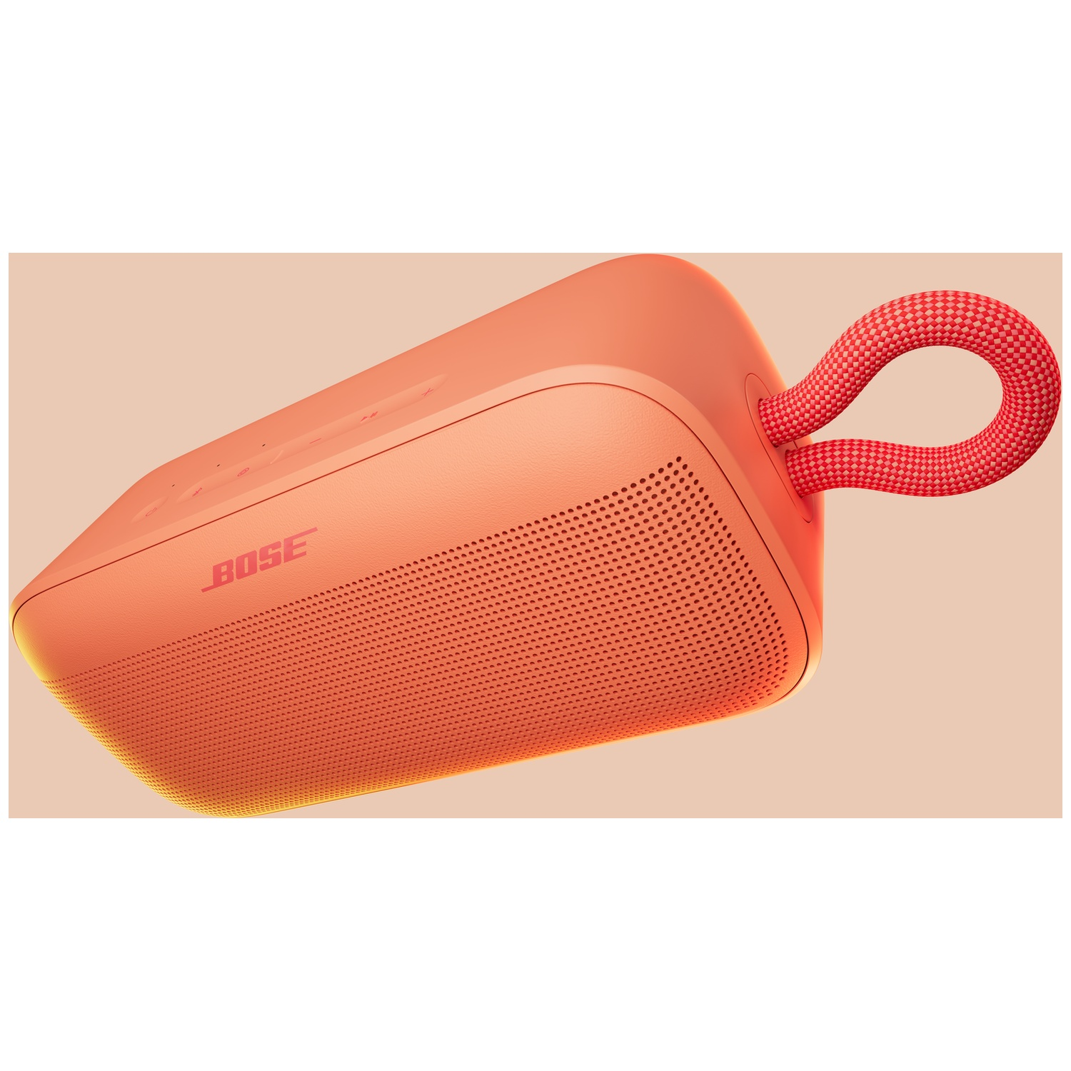 Oranje Bose speaker met rode lus op lichte achtergrond.