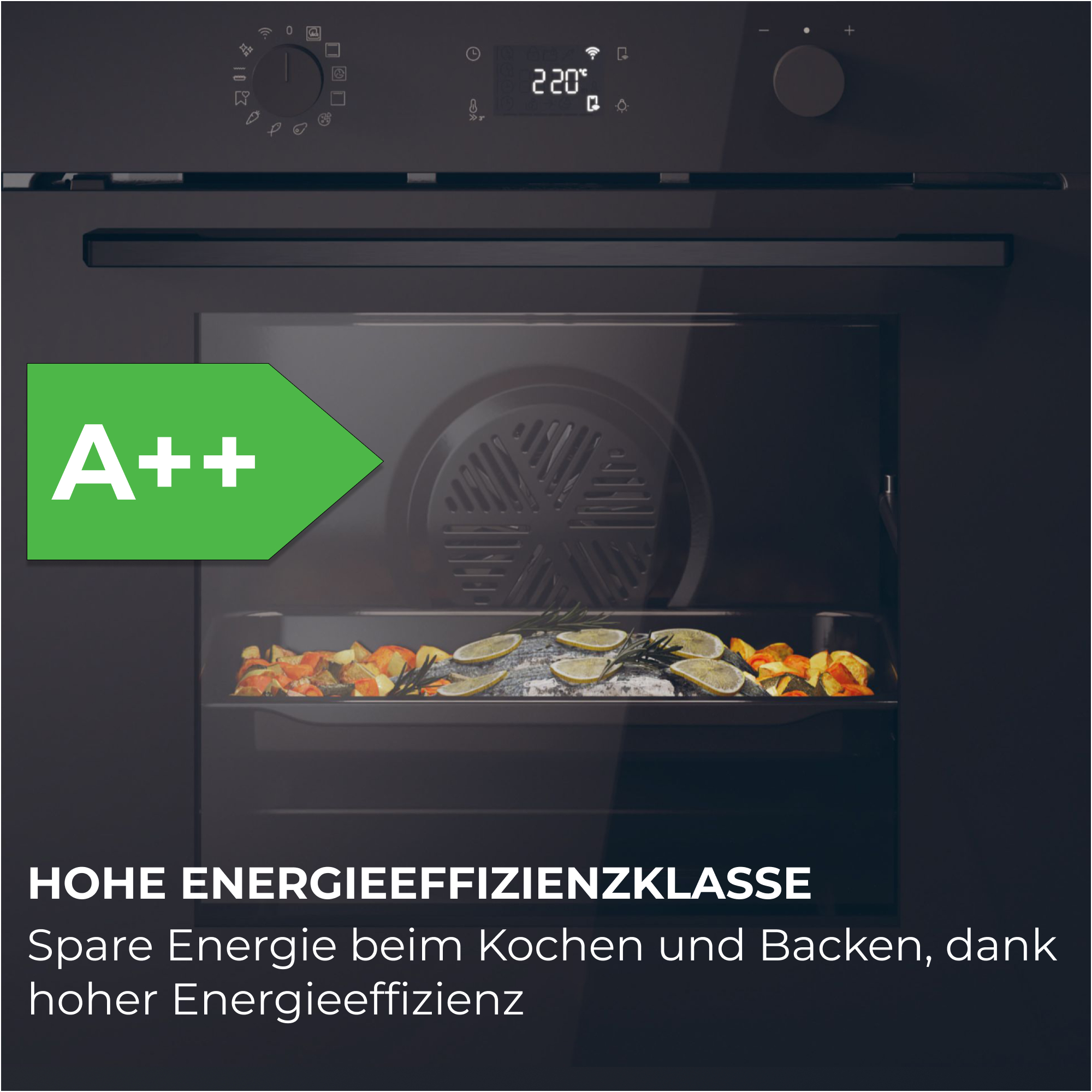 Ein Ofen mit A++ Energieeffizienzlabel, gefüllt mit Fisch und Gemüse.