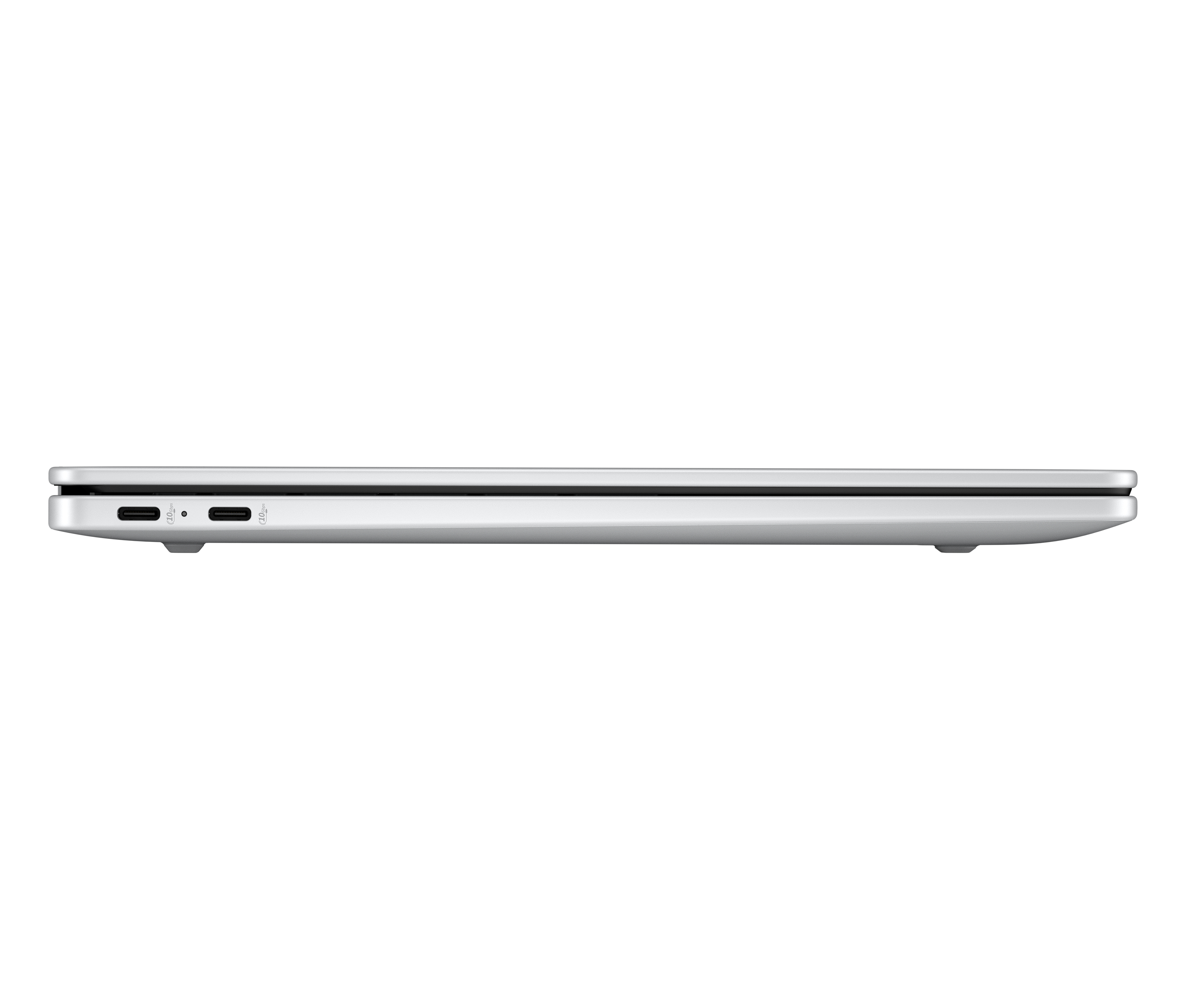 Portátil plateado de lado con dos puertos USB-C.