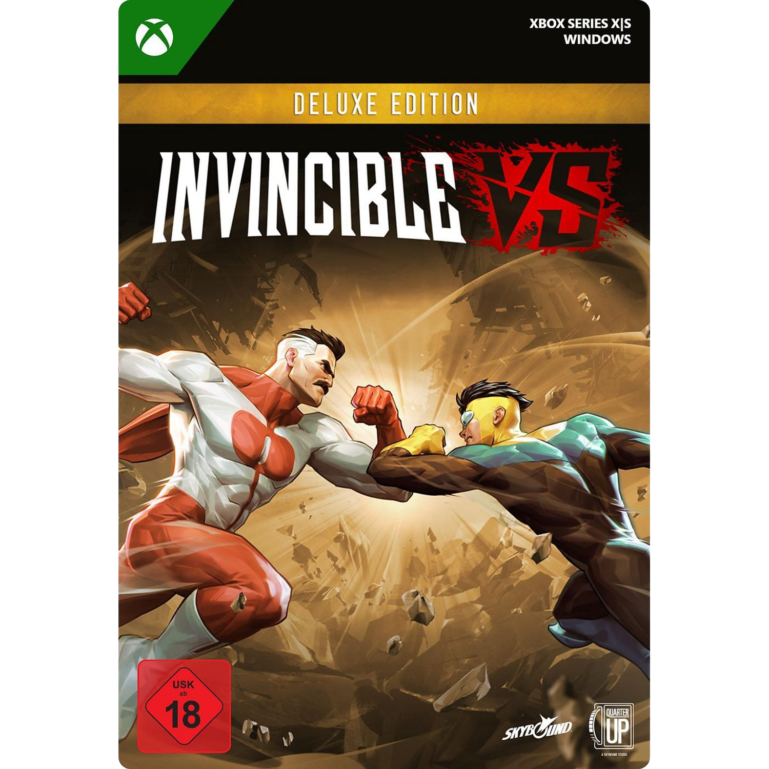 Invincible en Omni-Man vechten op de Deluxe Edition gamecover voor een stoffige achtergrond.