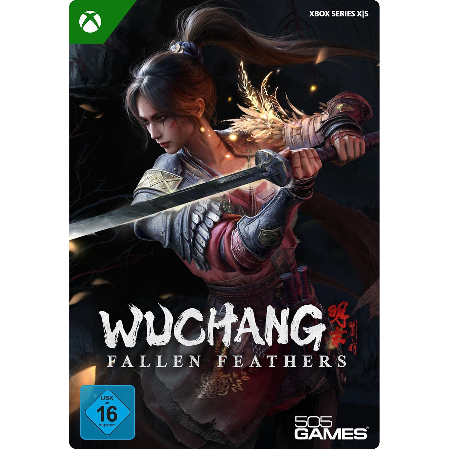 Een vrouw met zwaard en harnas, XBOX-logo, titel 'WUCHANG FALLEN FEATHERS'.