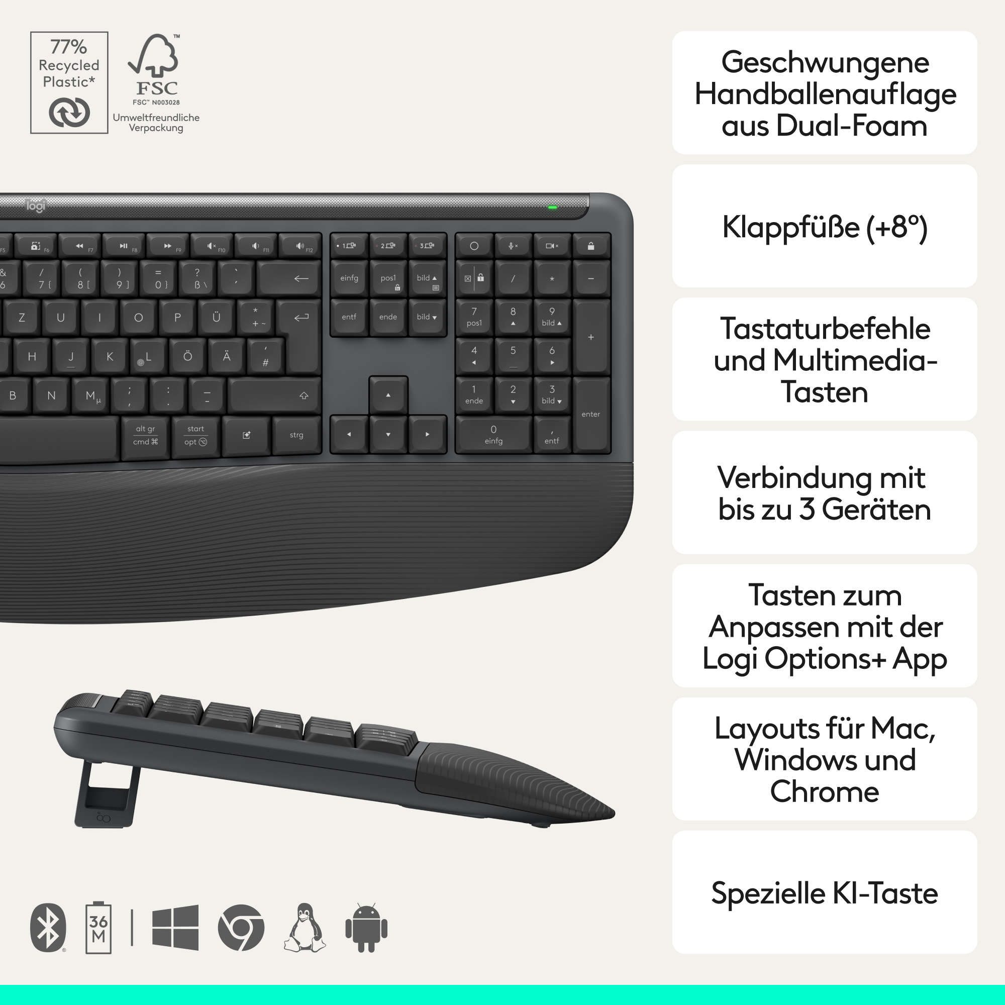 Eine dunkle Tastatur mit geschwungener Handballenauflage, Nummernblock und Symbolen.