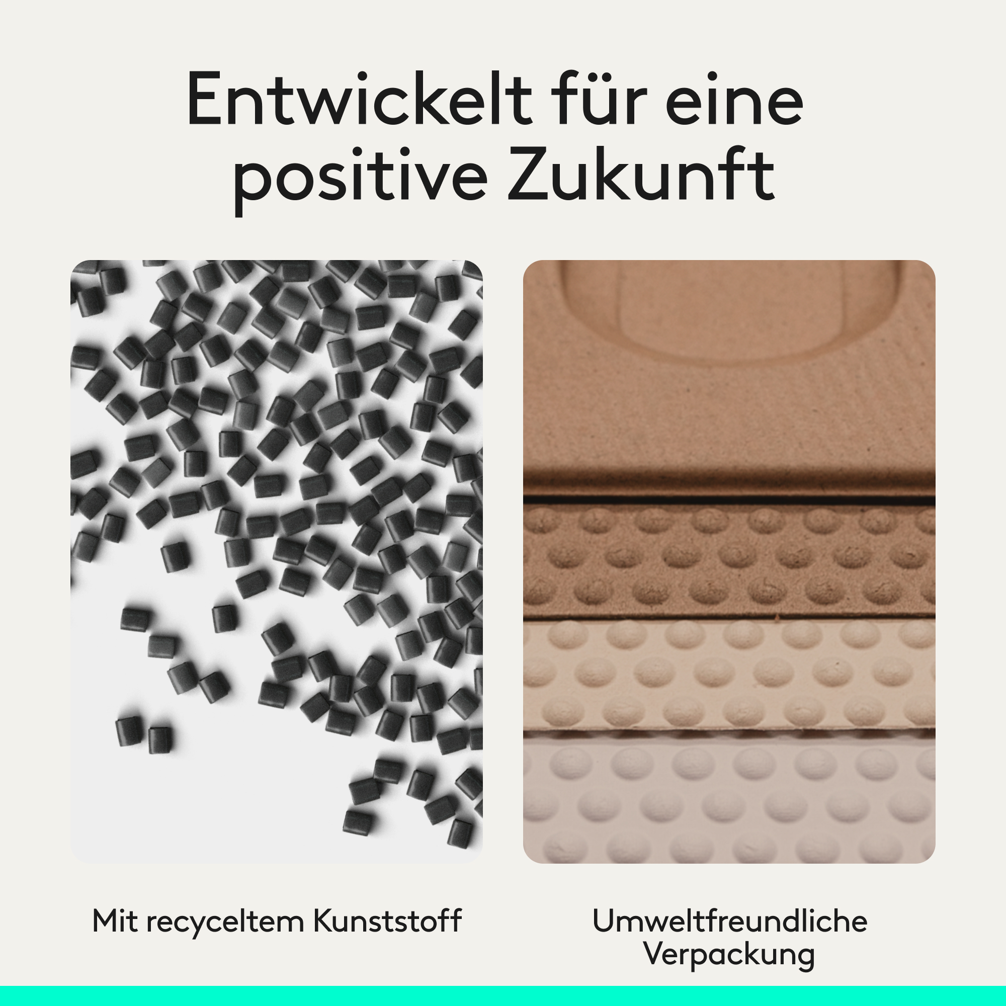 Schwarze Kunststoffgranulate und umweltfreundliche Verpackungsmaterialien.