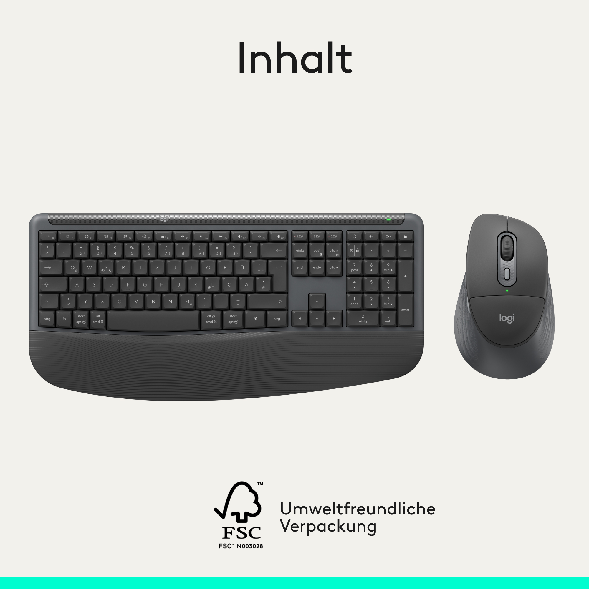 Eine graue Logitech-Tastatur und eine Maus auf hellem Grund.