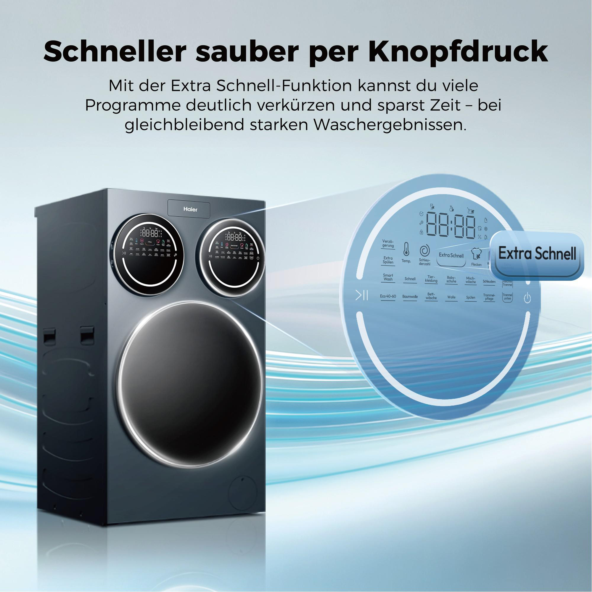 Graue Haier Waschmaschine mit digitalem Bedienfeld und blauem Lichteffekt.