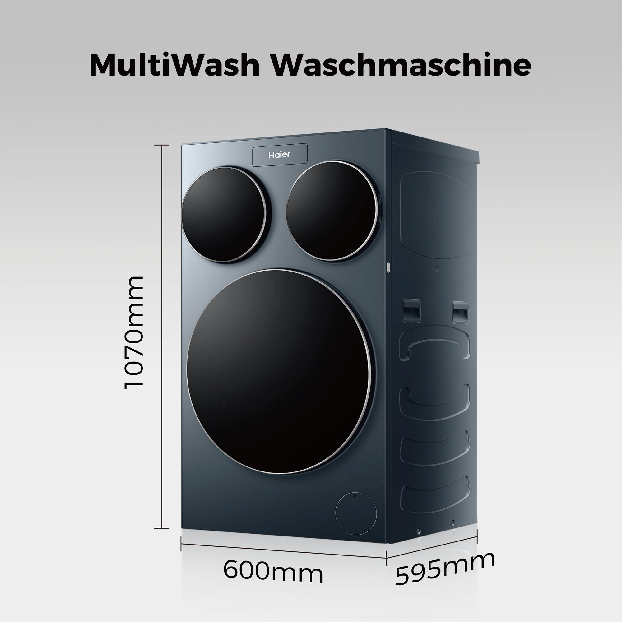 Eine dunkelblaue Haier Waschmaschine mit drei runden schwarzen Bullaugen und Maßen.