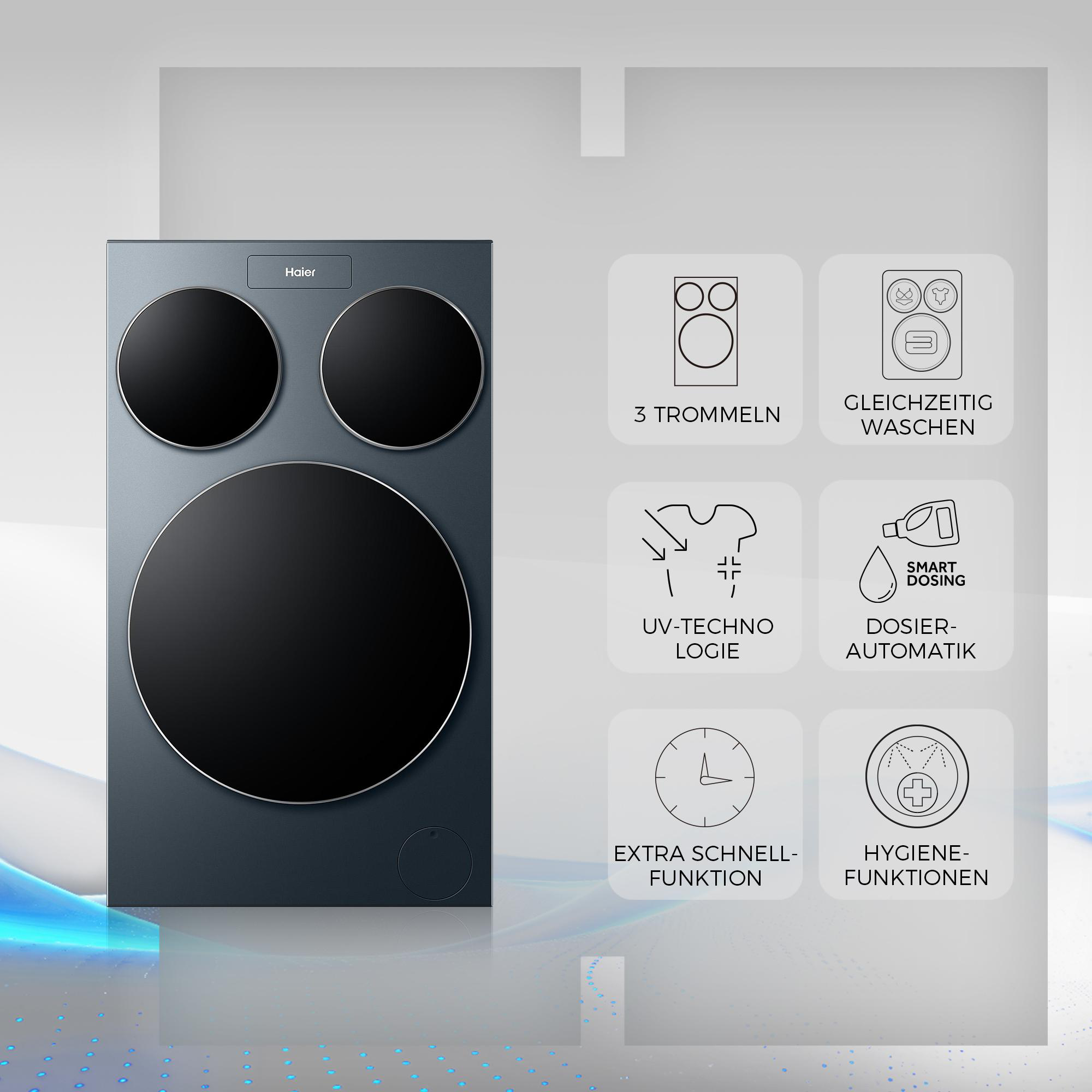 Haier Waschmaschine mit 3 Trommeln, UV-Technologie, Smart Dosing, extra schnell.