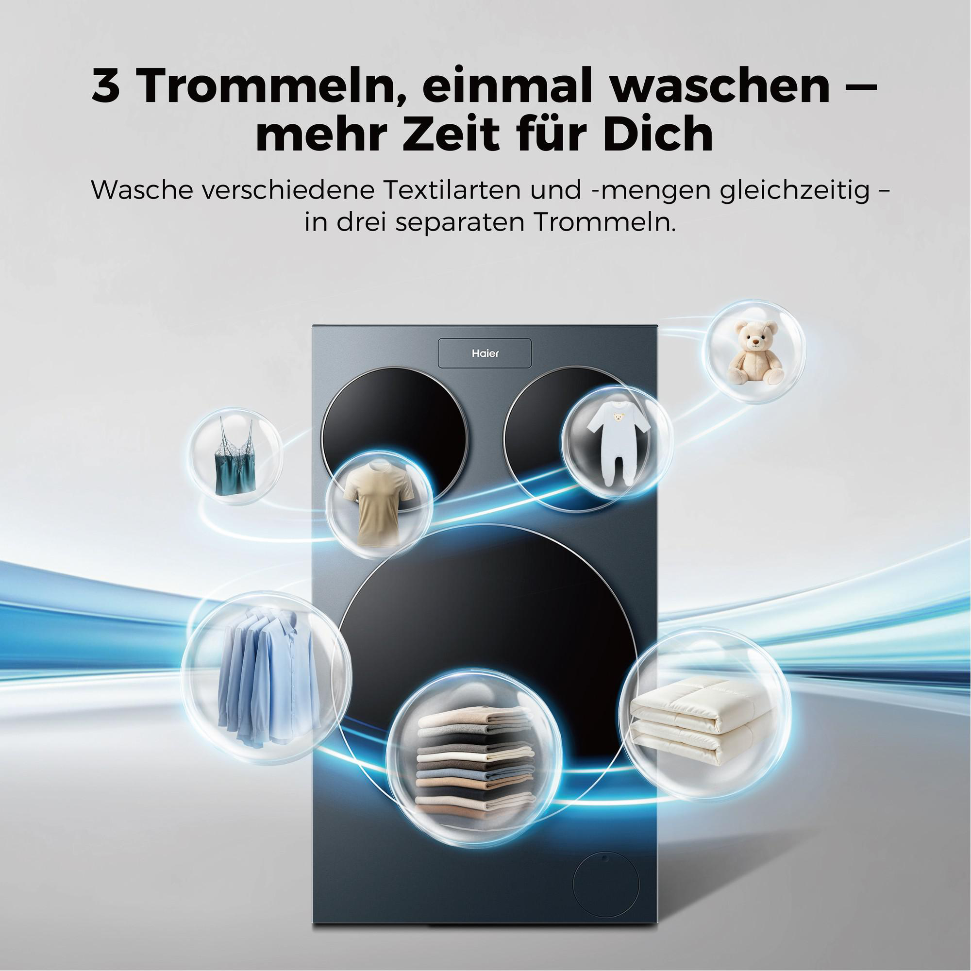 Haier Waschmaschine mit 3 Trommeln, die verschiedene Wäschearten zeigen.