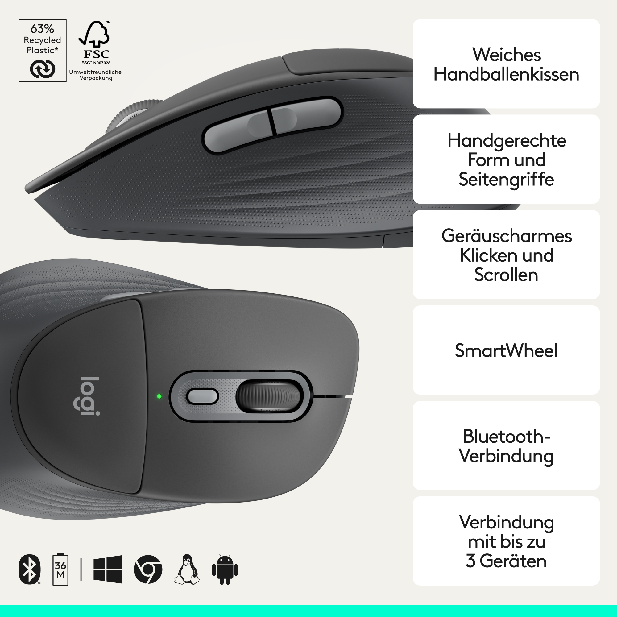 Graue Logitech Maus mit Soft-Touch-Griffen und Scrollrad. Links: FSC-Siegel.