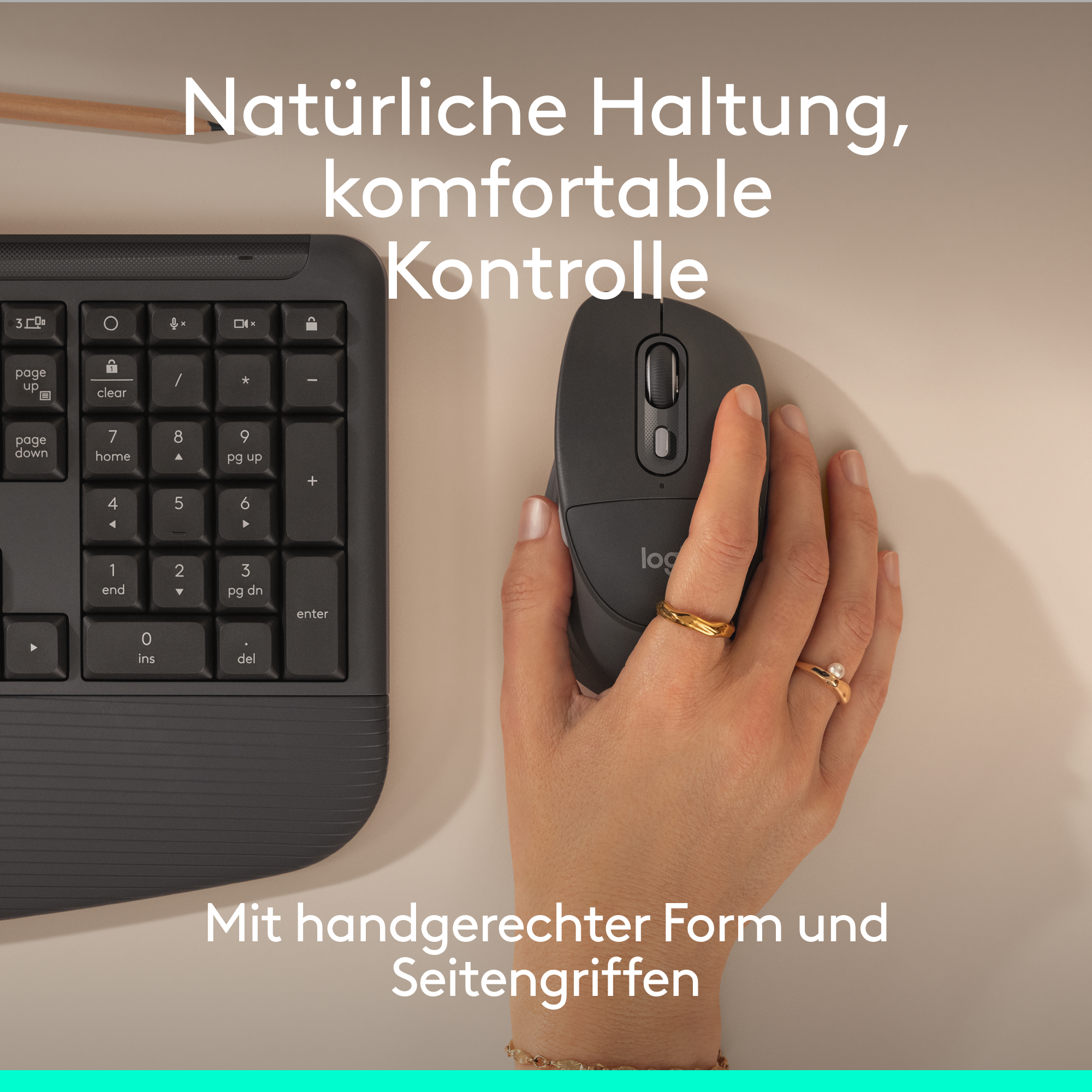 Eine Hand bedient eine dunkle Maus neben einer Tastatur. Text auf Deutsch.