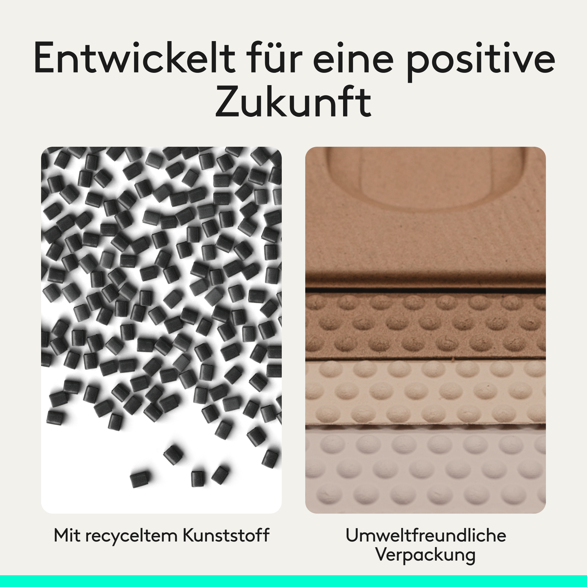 Schwarze Kunststoffgranulat und umweltfreundliche Verpackungsmaterialien.