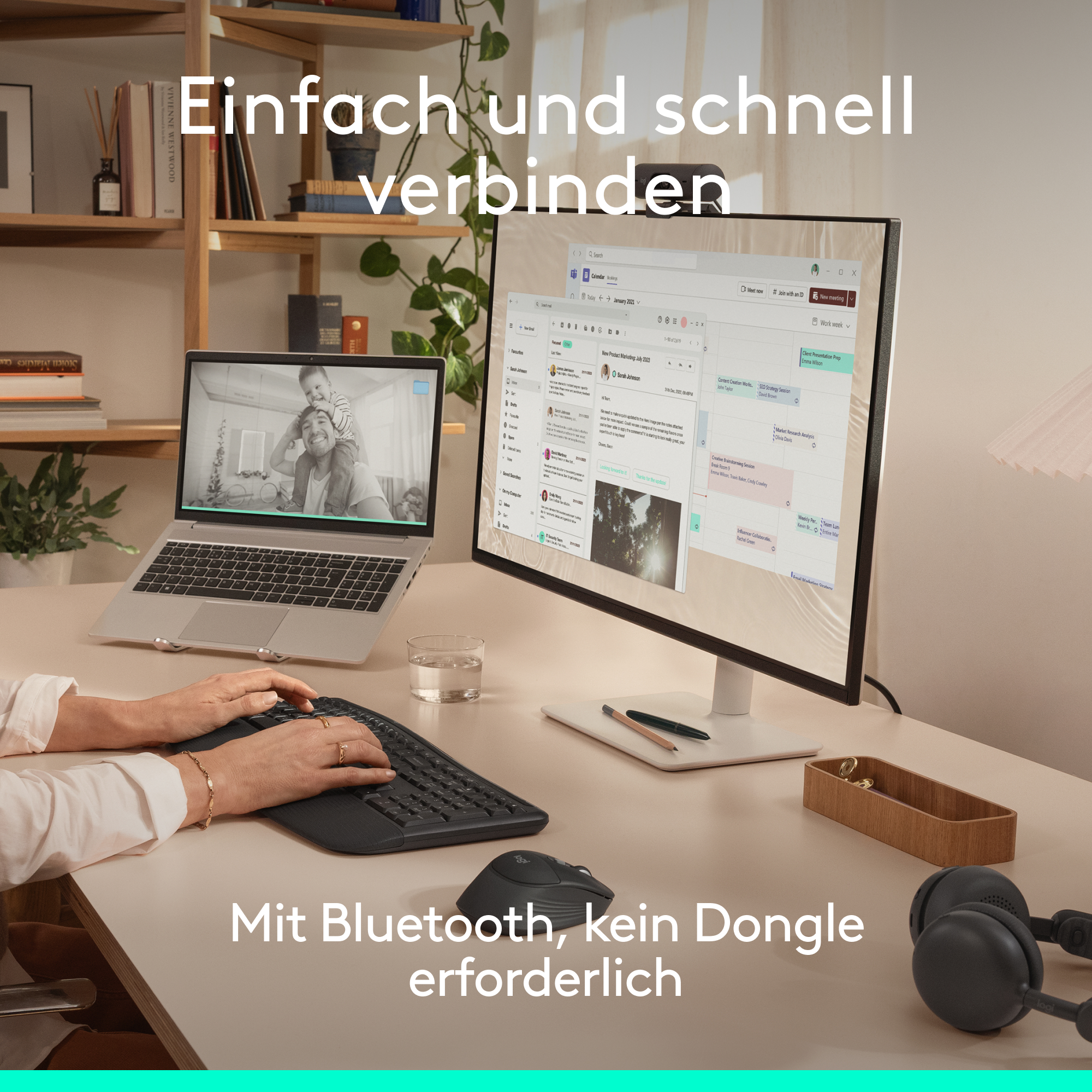 Schreibtisch mit Laptop, externem Monitor, Tastatur und Maus. Einfach und schnell verbinden.