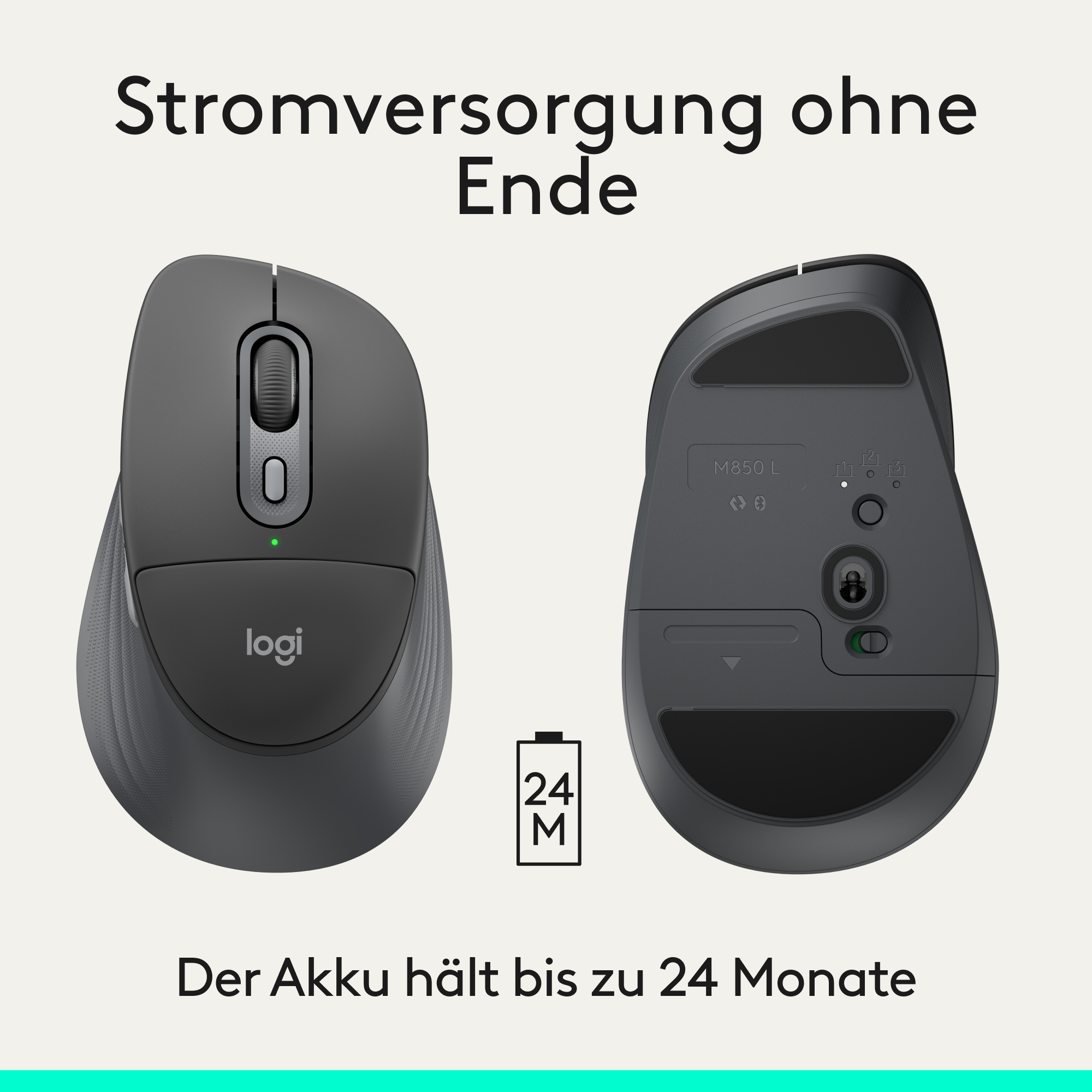 Graue Logitech Maus, Vorder- und Rückansicht, mit Akkusymbol und Text.