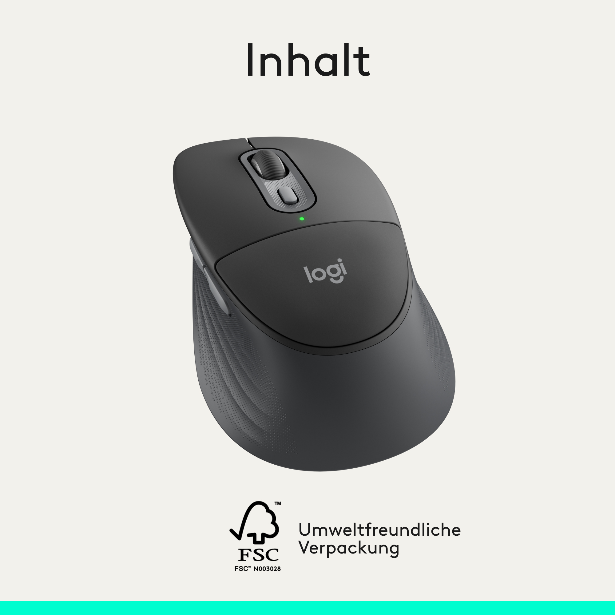 Graue Logitech Maus mit Scrollrad und grünem Licht. FSC-Logo unten.