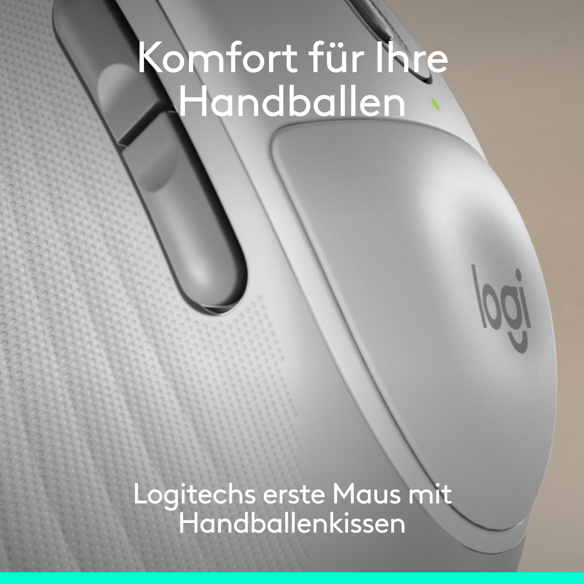Eine weiße Logitech-Maus mit Text über Komfort für Handballen.