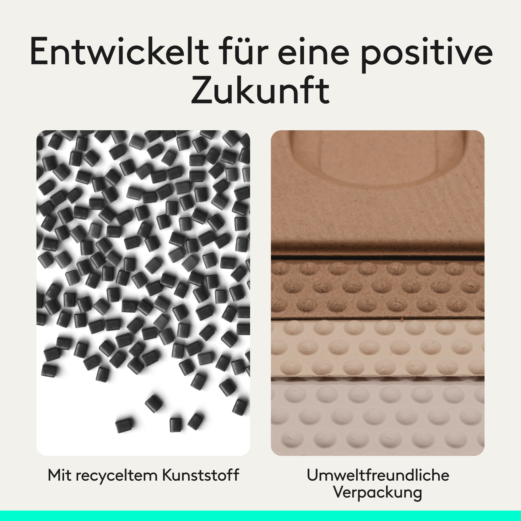 Schwarze Kunststoffgranulate und umweltfreundliche Verpackungsmaterialien.