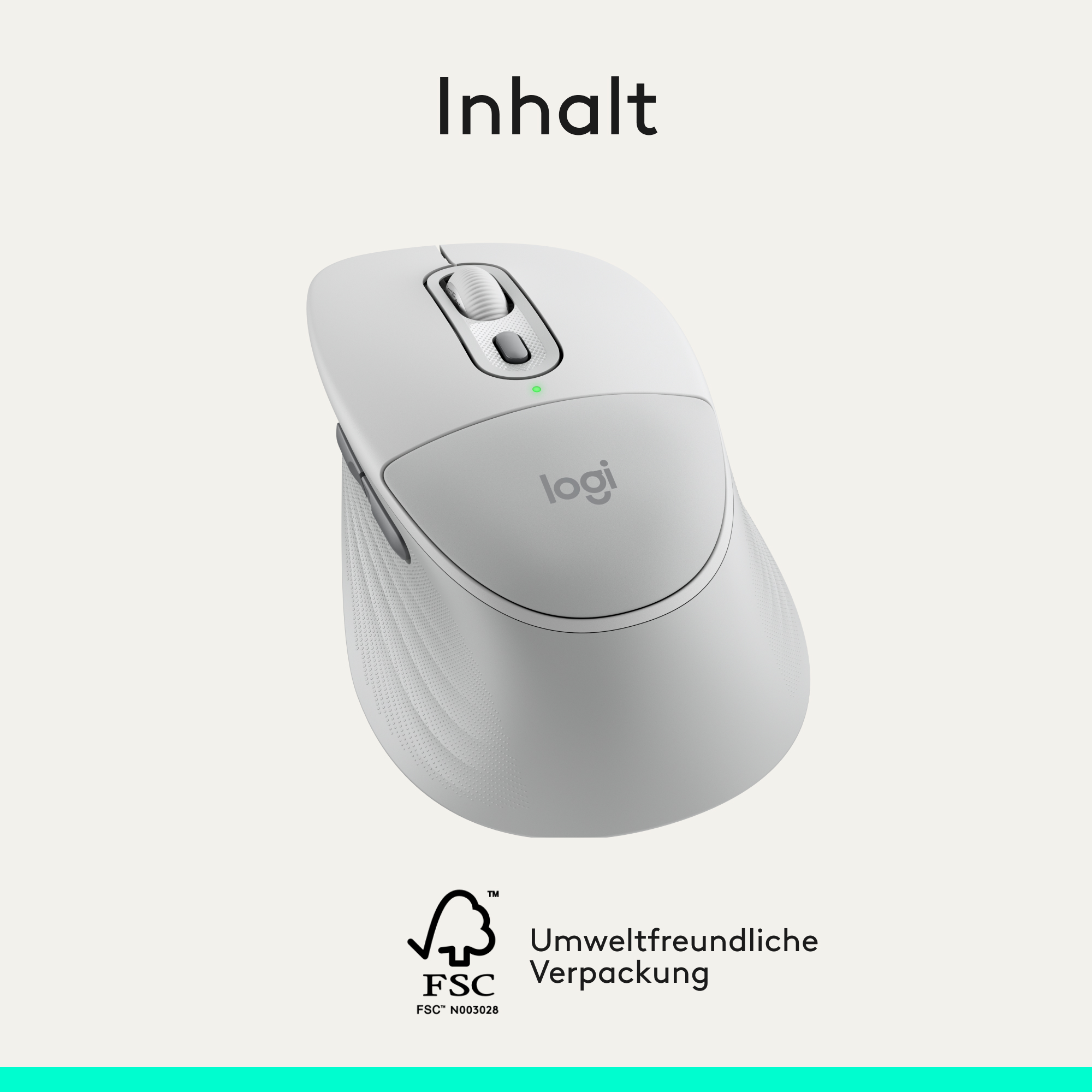 Eine weiße Logitech-Maus mit grüner Kontrollleuchte und FSC-Logo.