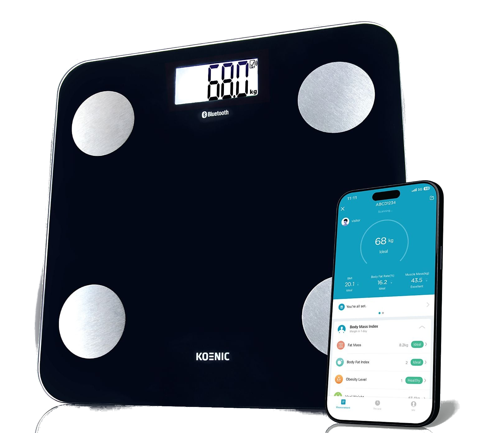 Czarna waga cyfrowa pokazuje 68,0 kg. Smartfon wyświetla dane zdrowotne.