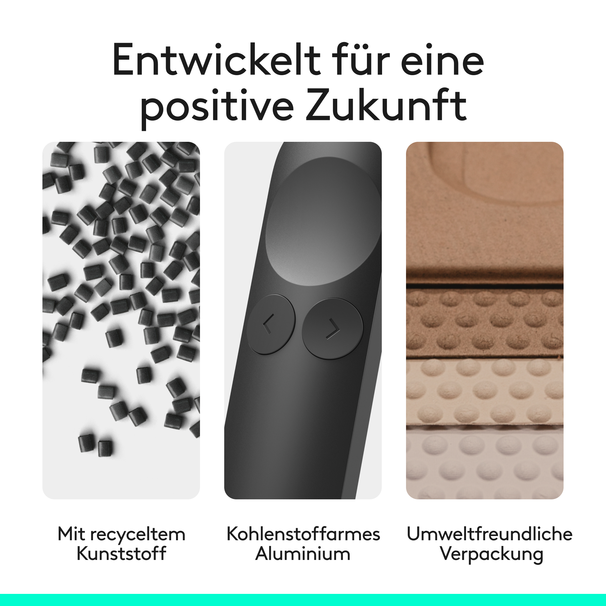 Drei Tafeln: recycelte Kunststoffpellets, schwarze Fernbedienung und geschichtete Öko-Verpackung.