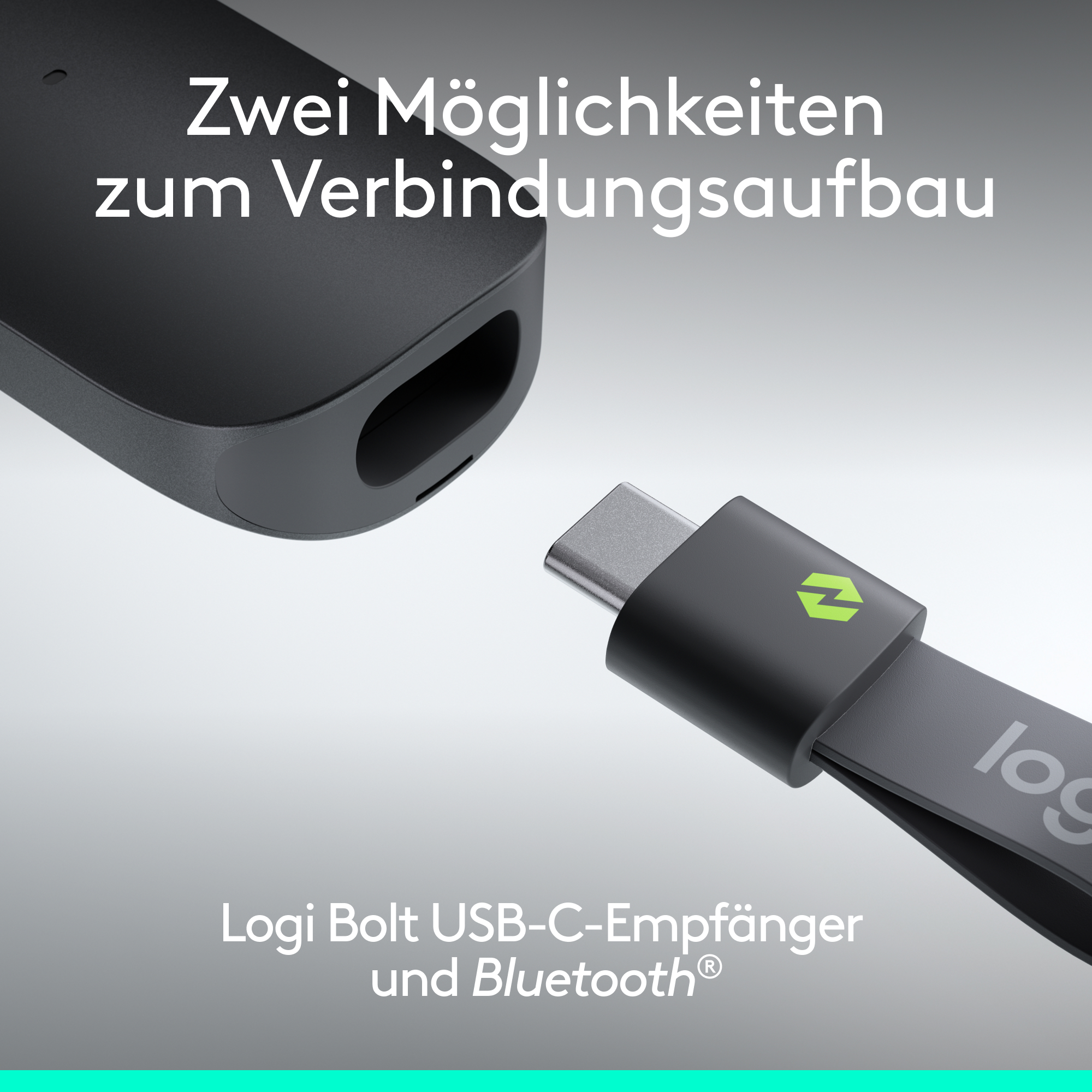 Logi Bolt USB-C-Empfänger und Bluetooth mit zwei Verbindungsoptionen.