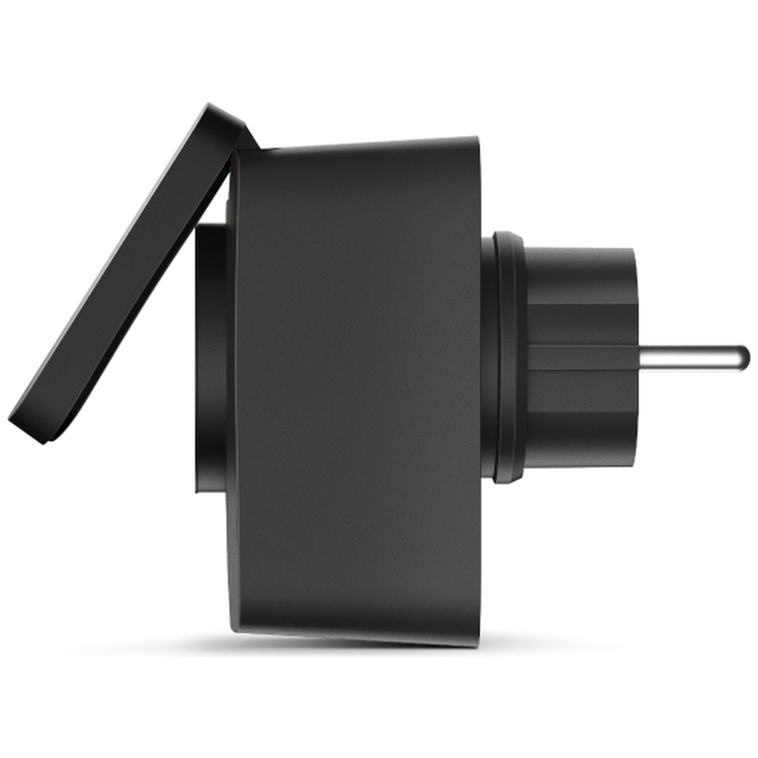 Black plug with open lid, white background.