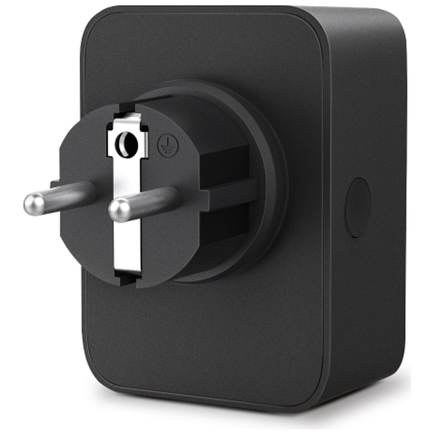 A black plug adapter with two metal prongs protrudes from a black socket.