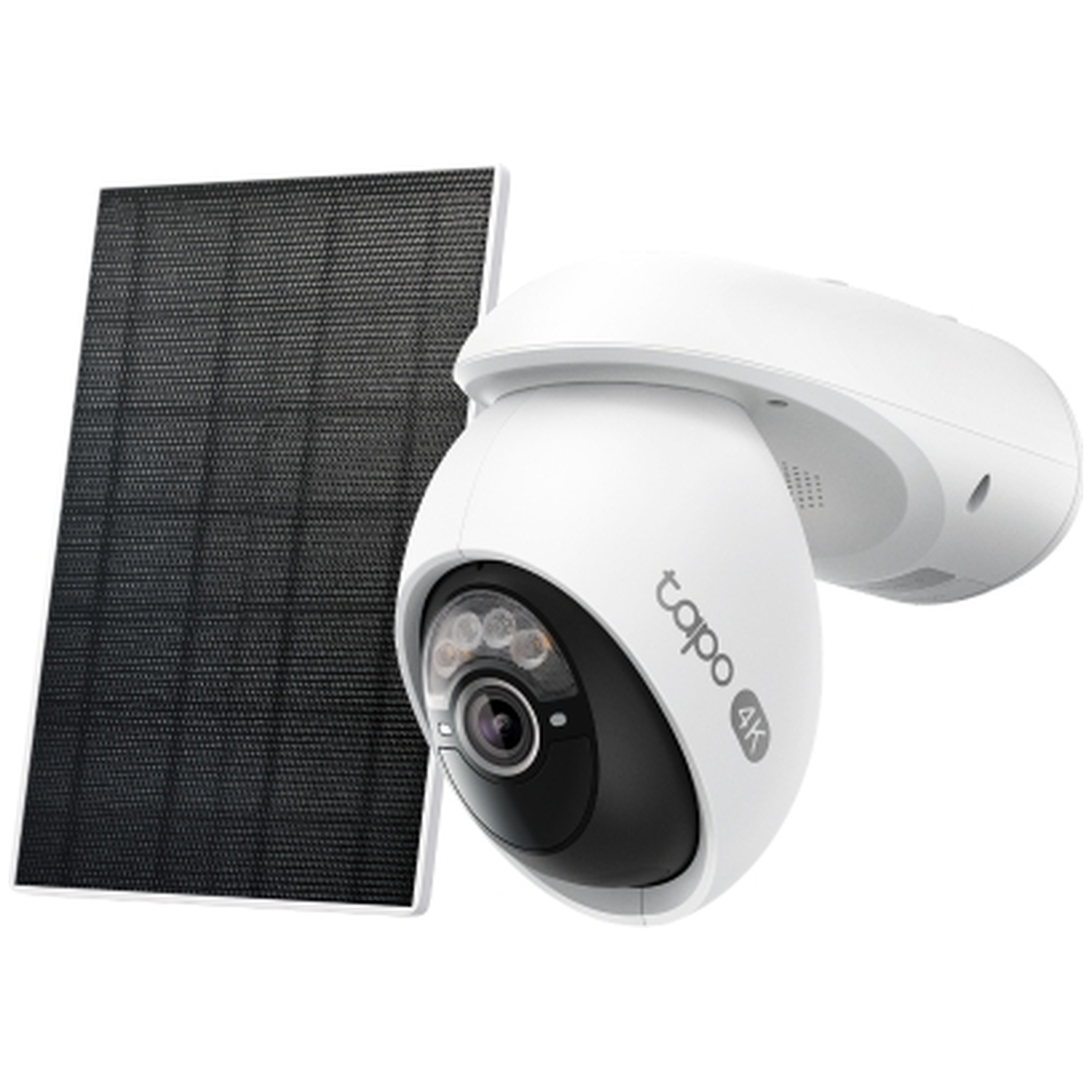 White security camera with solar panel. Focus on the lens with LEDs.