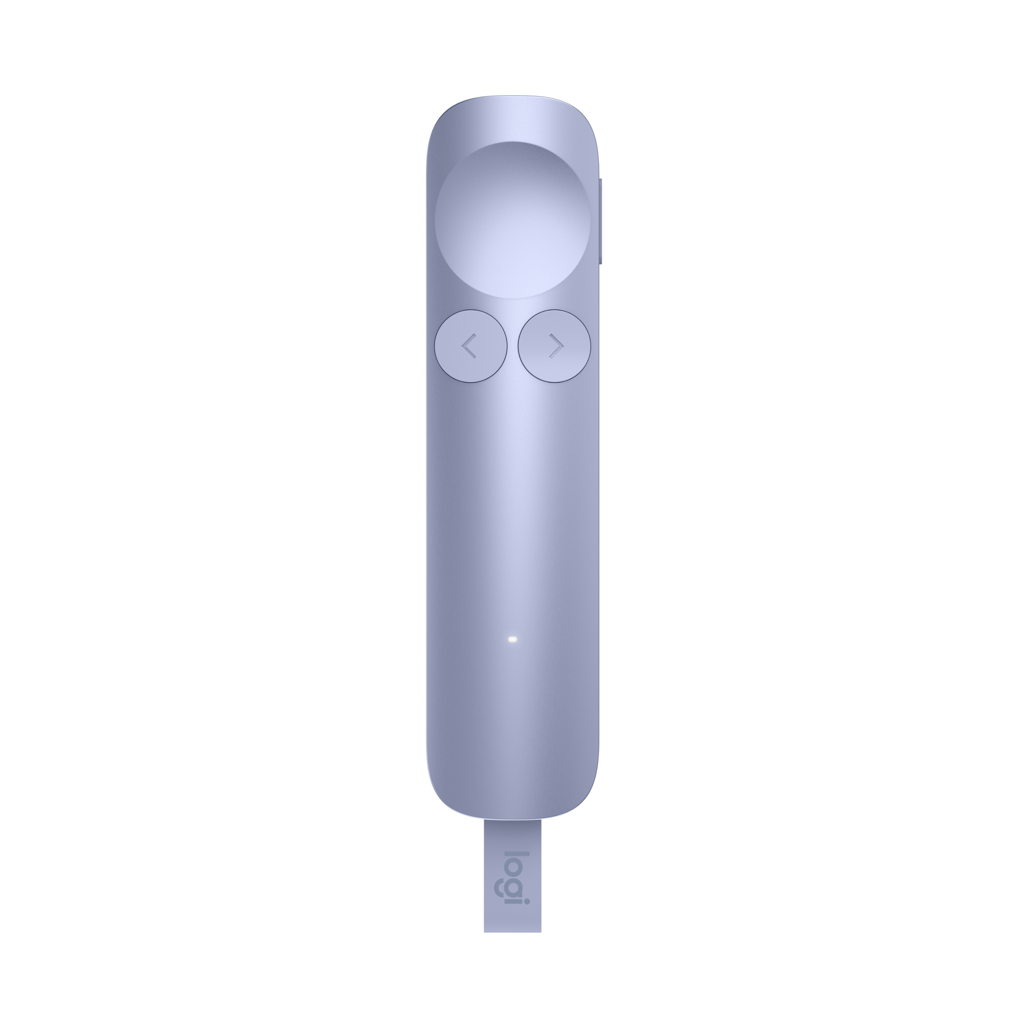 Ein lila Logitech-Presenter mit zwei runden Tasten und einem Touchpad.