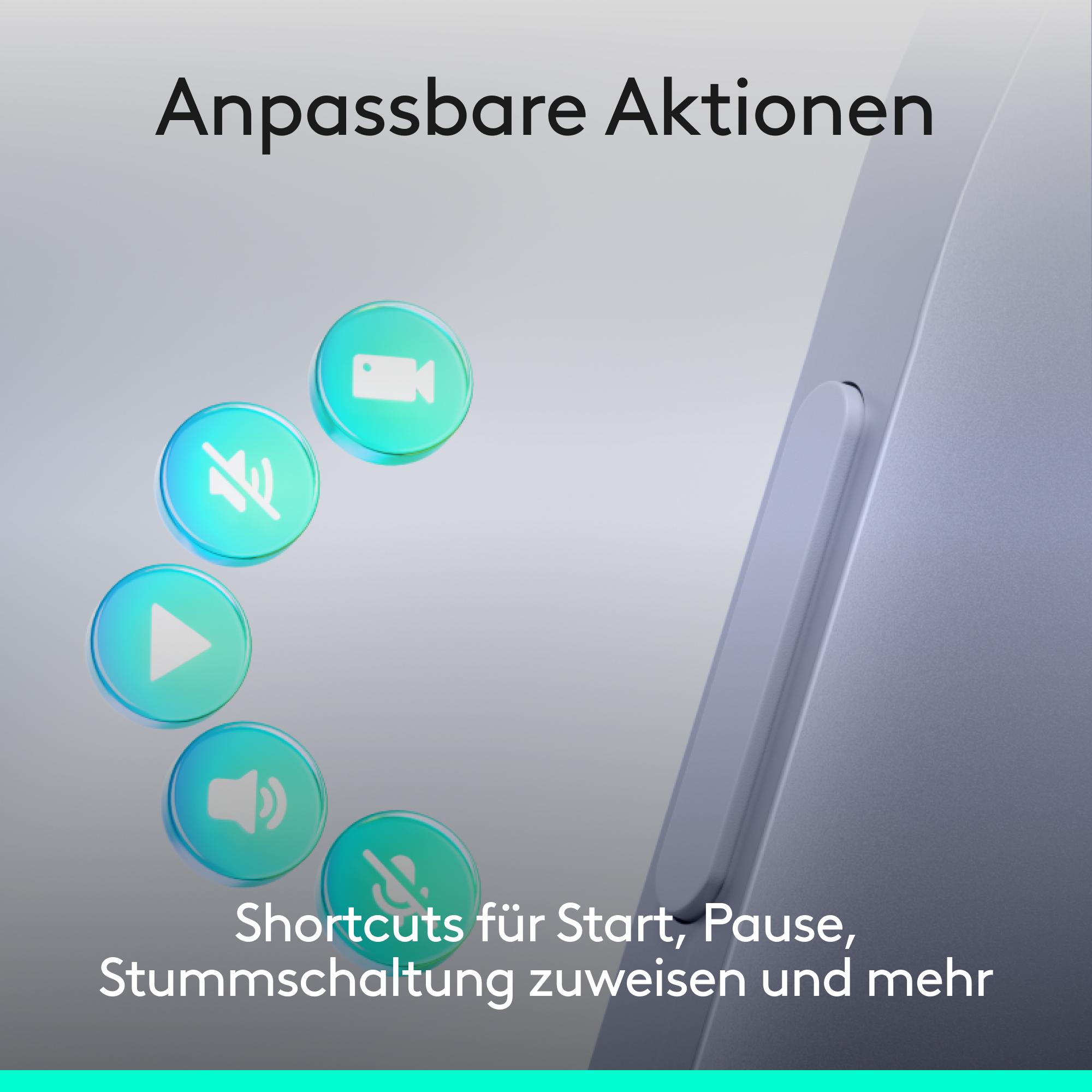 Anpassbare Aktionen mit Icons: Video, Stumm, Wiedergabe, Lautstärke, Mikrofon.