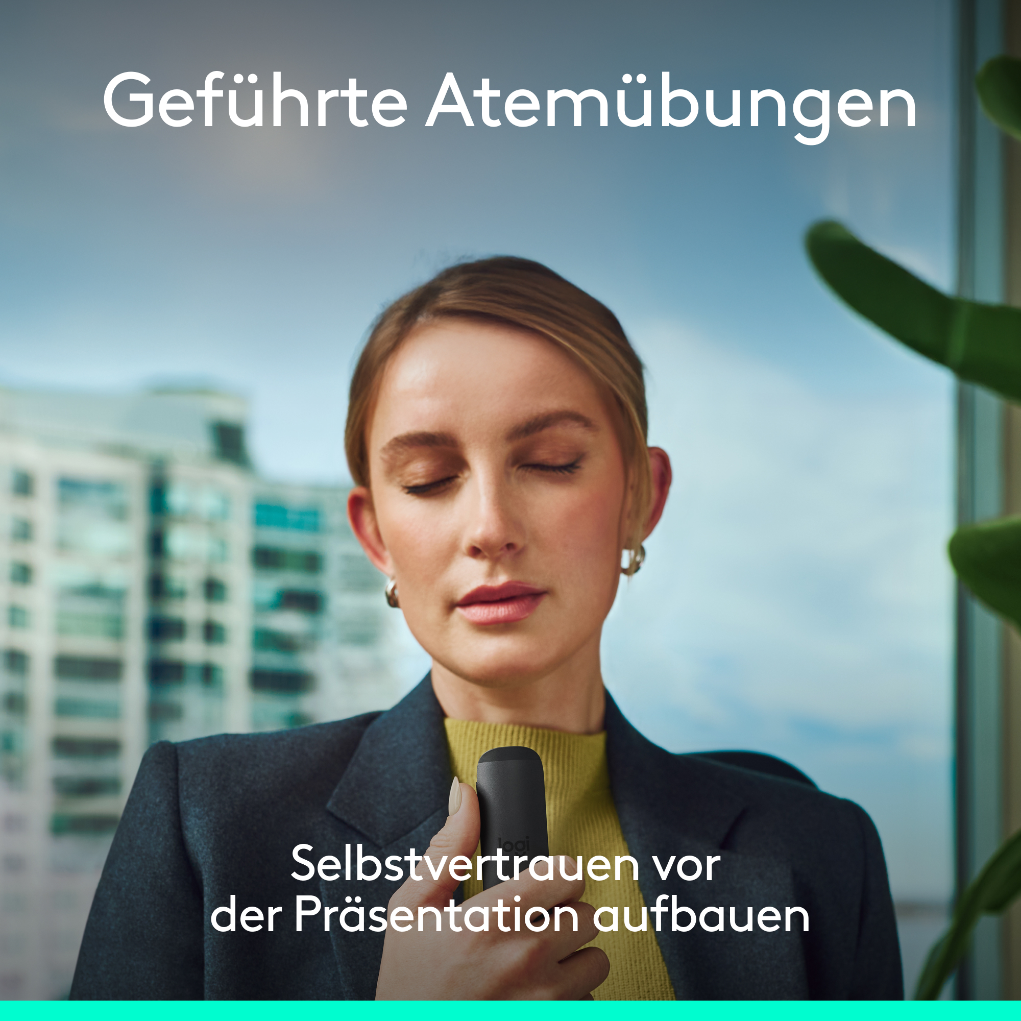 Frau mit geschlossenen Augen, die ein schwarzes Gerät hält. Text: Geführte Atemübungen.