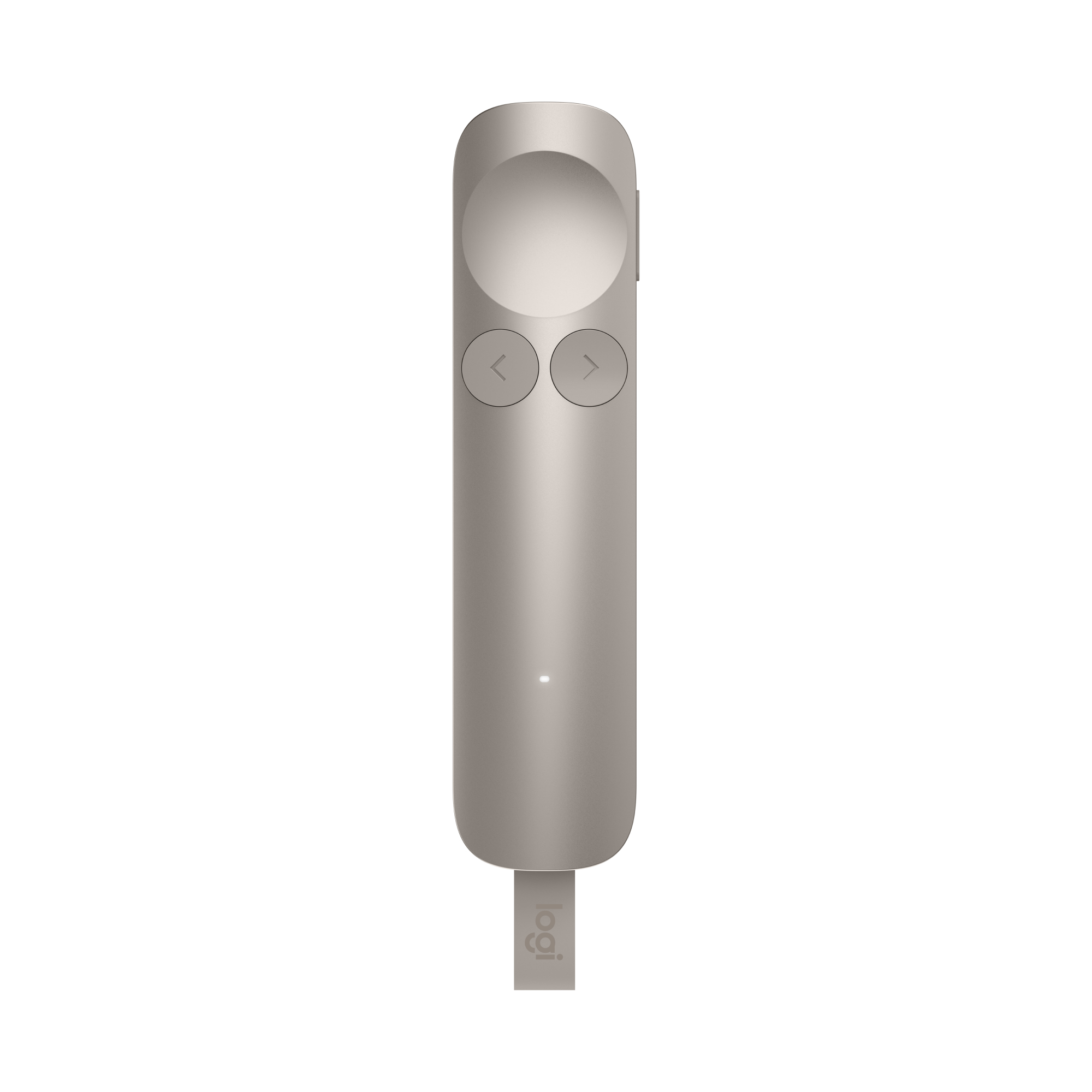 Ein silberner Logitech Presenter mit zwei Tasten und einem Kreis.