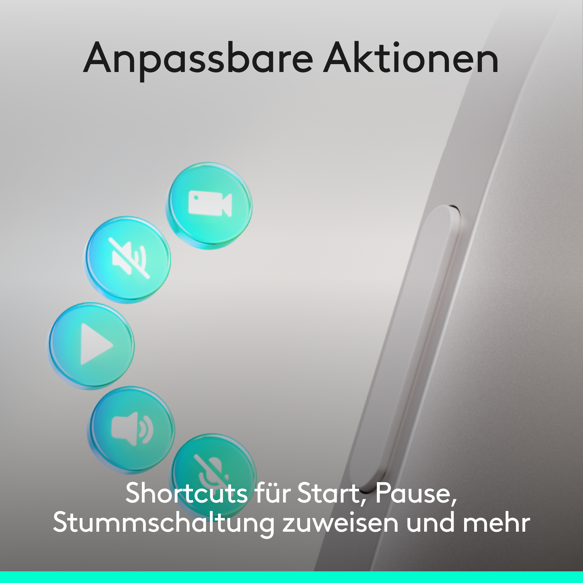 Symbole für Video, Lautstärke, Stummschaltung und Play auf einem silbernen Gerät.