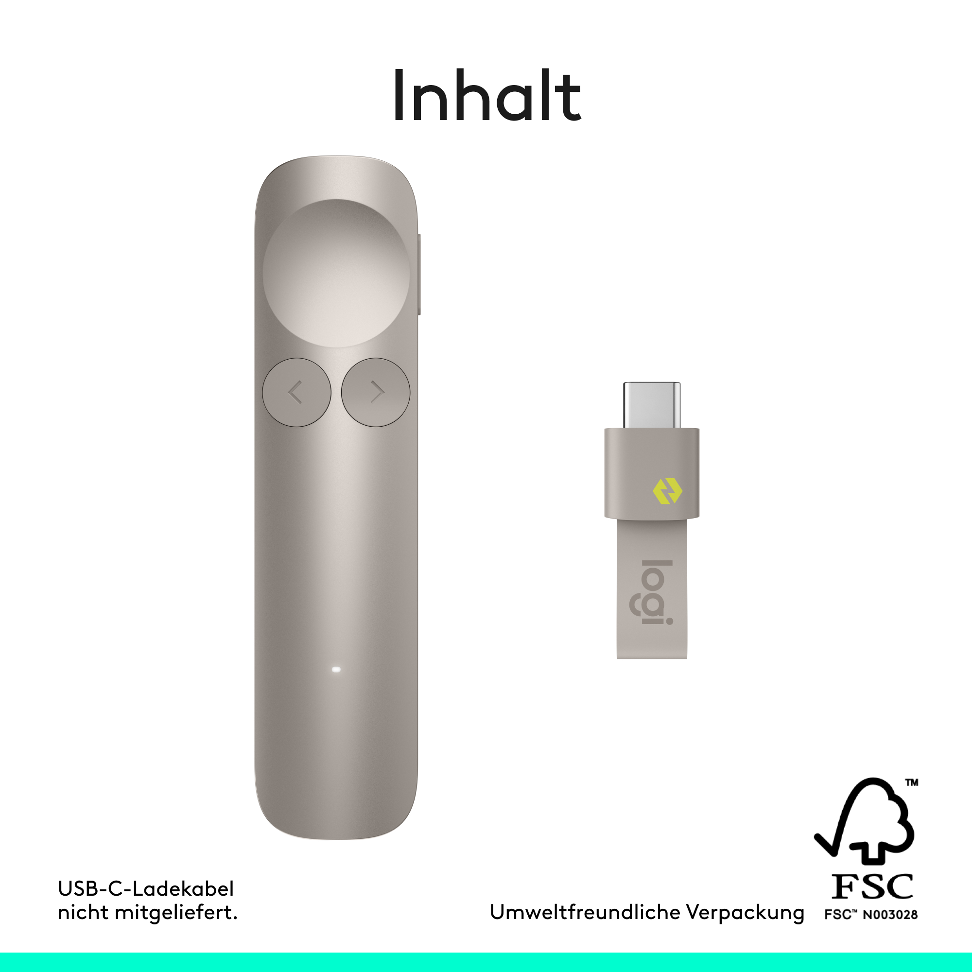 Ein silberner Presenter und USB-C-Empfänger mit Logi-Logo.