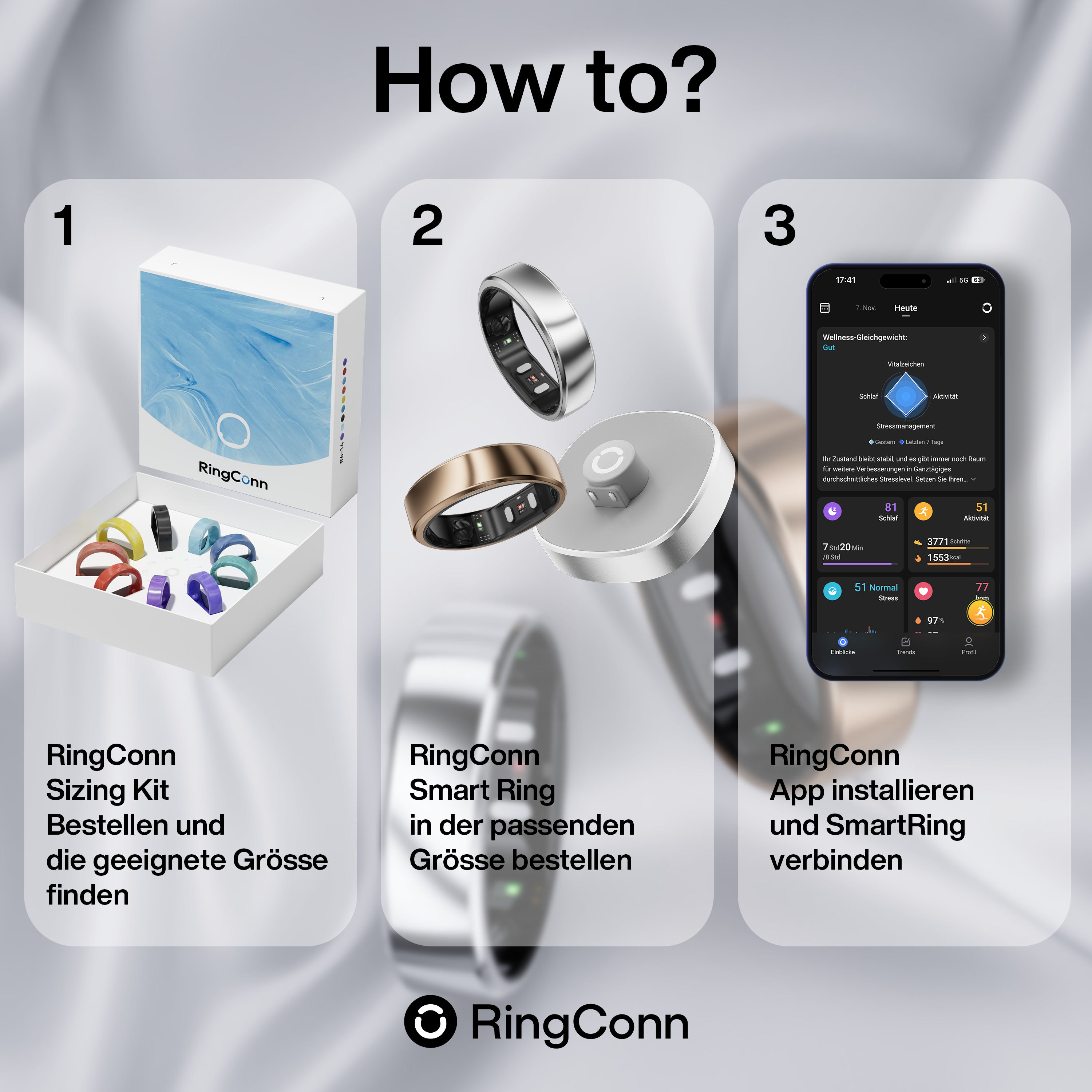 Étape 1 : Commandez le kit de taille RingConn. Étape 2 : Commandez la bague intelligente RingConn. Étape 3 : Installez l'application RingConn.