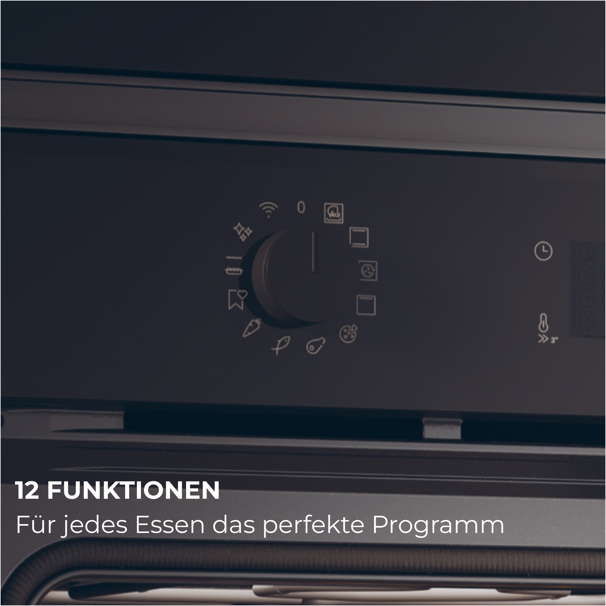 Dunkles Bedienfeld eines Ofens mit Drehregler und Symbolen. Text: 12 FUNKTIONEN.