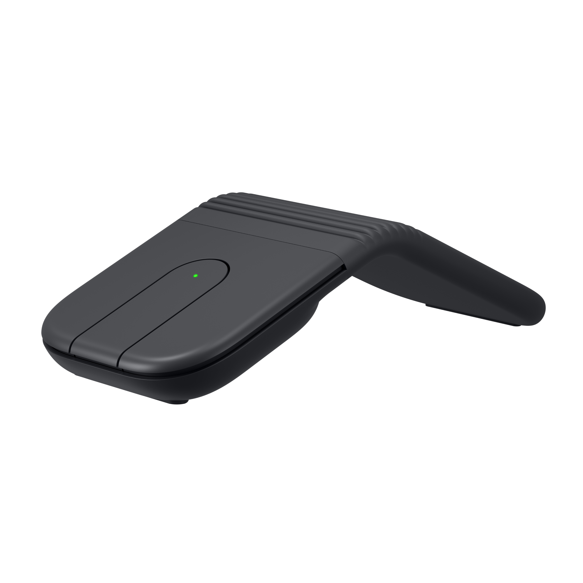 Ein schwarzes, ergonomisches Computerzubehör mit einem grünen Licht.