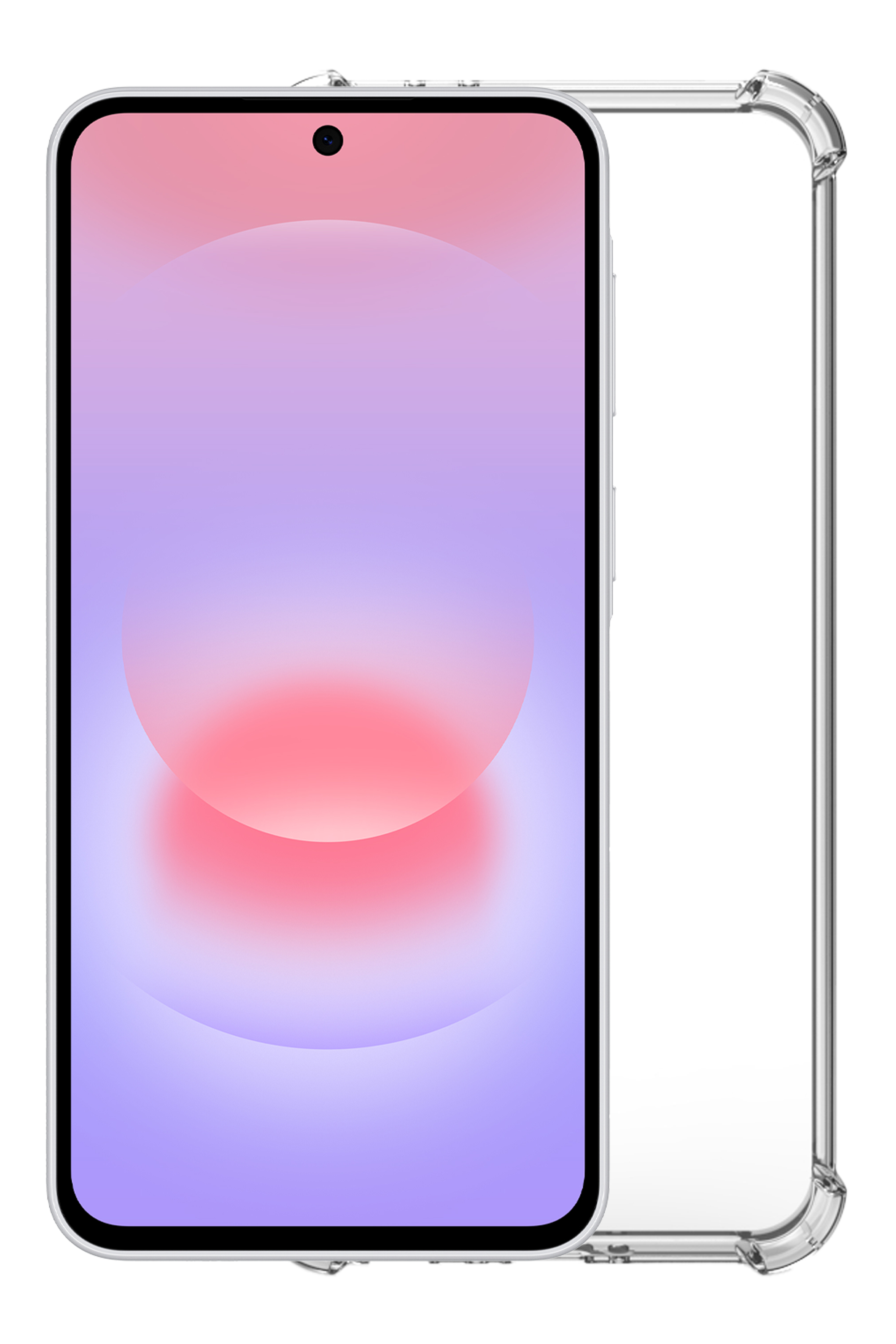 Ein transparentes Handyhülle neben einem Smartphone mit pink-violetter Hintergrundgrafik.