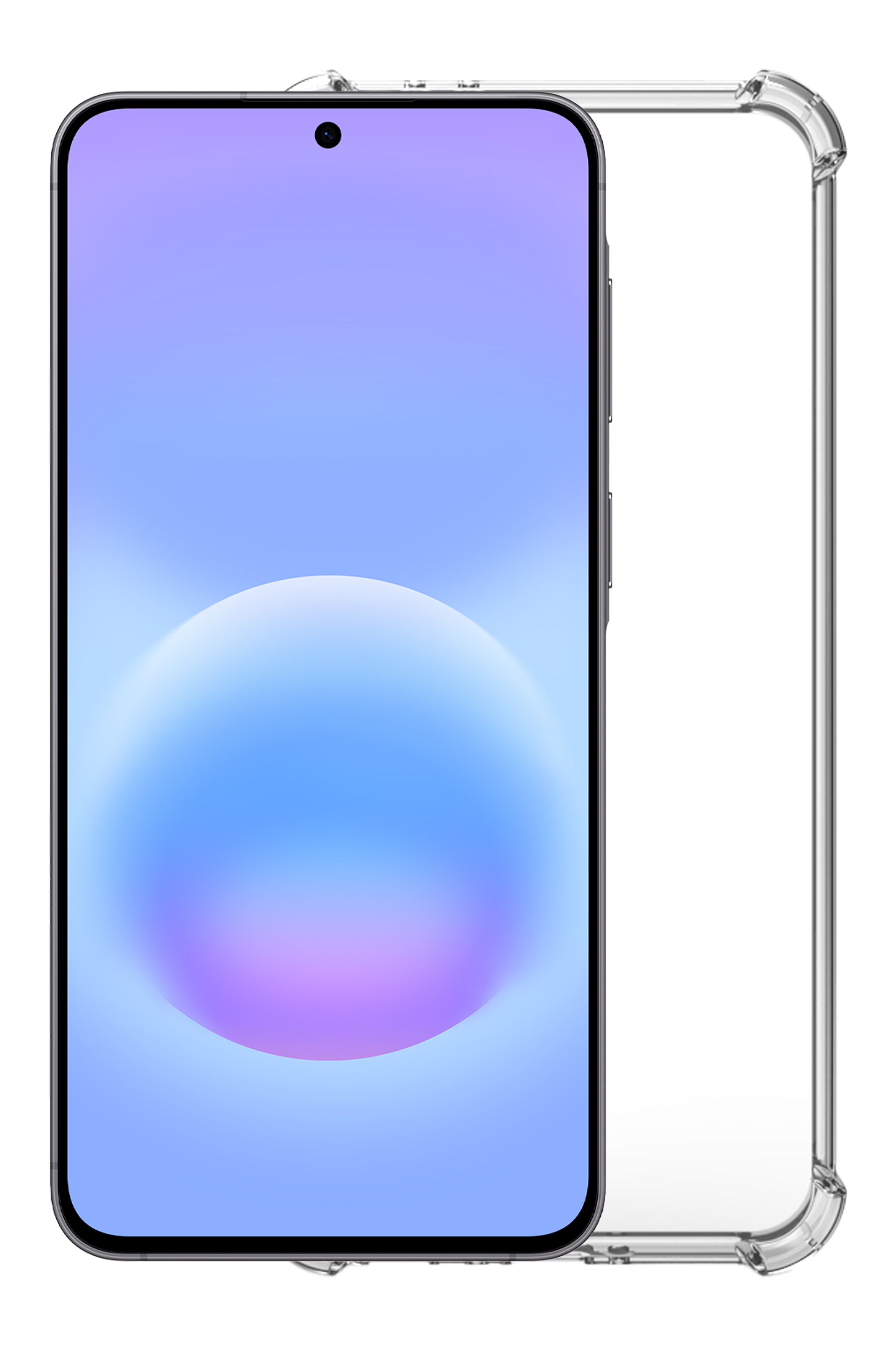 Ein transparentes Handyhülle liegt neben einem Smartphone mit lilafarbenem Hintergrund.
