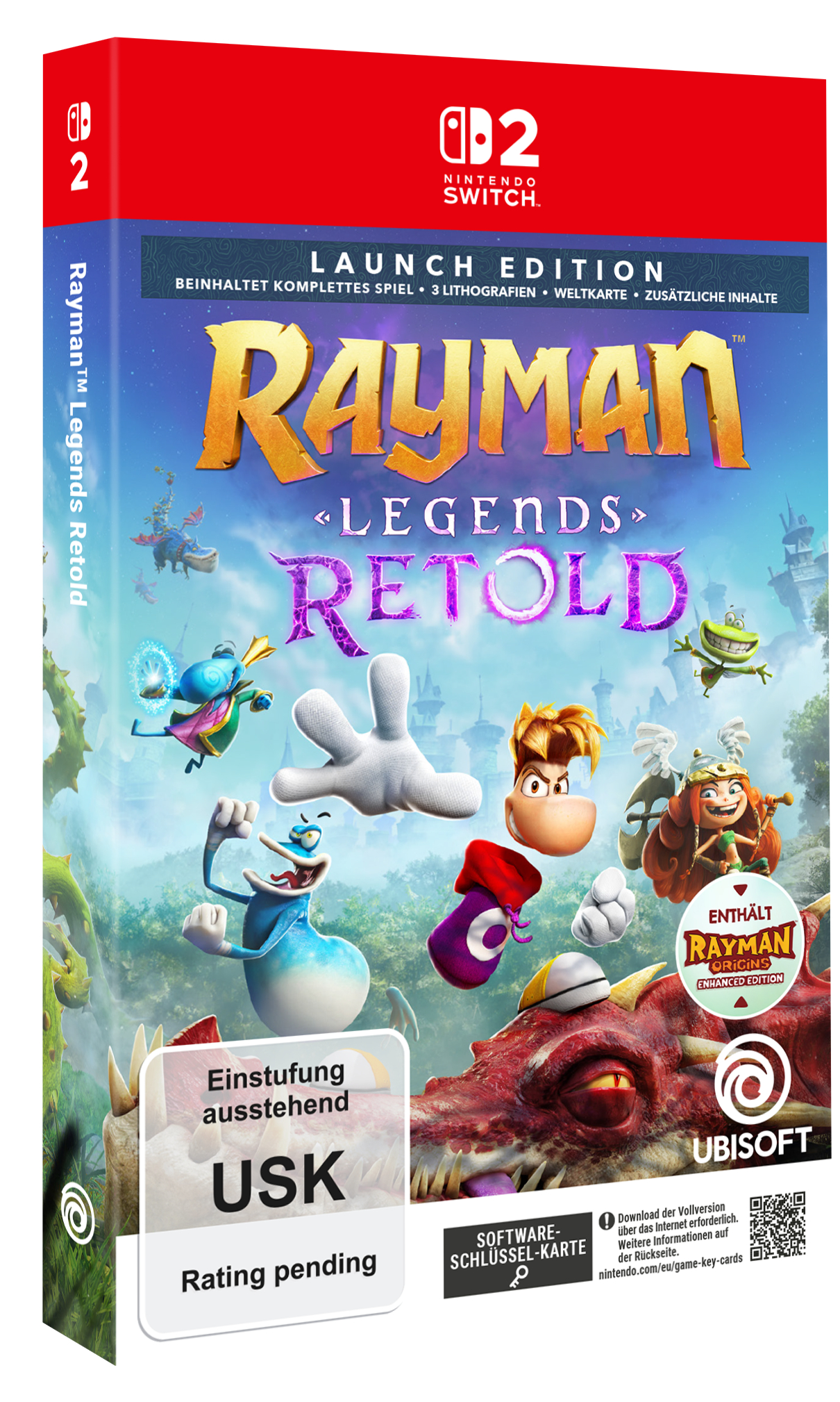 Rayman Legends Retold Nintendo Switch Hülle mit Charakteren und Drachen. Enthält USK-Rating.