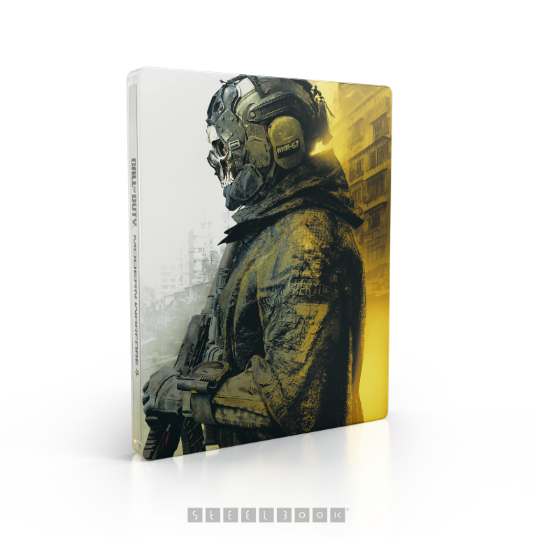 Steelbook Call of Duty: Modern Warfare II z żołnierzem w hełmie z czaszką i bronią.