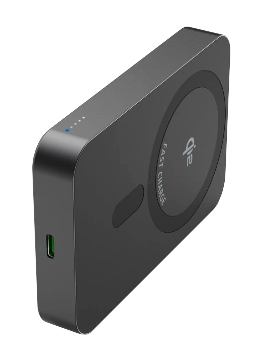 Czarna ładowarka bezprzewodowa Qi z portem USB-C i wskaźnikami.