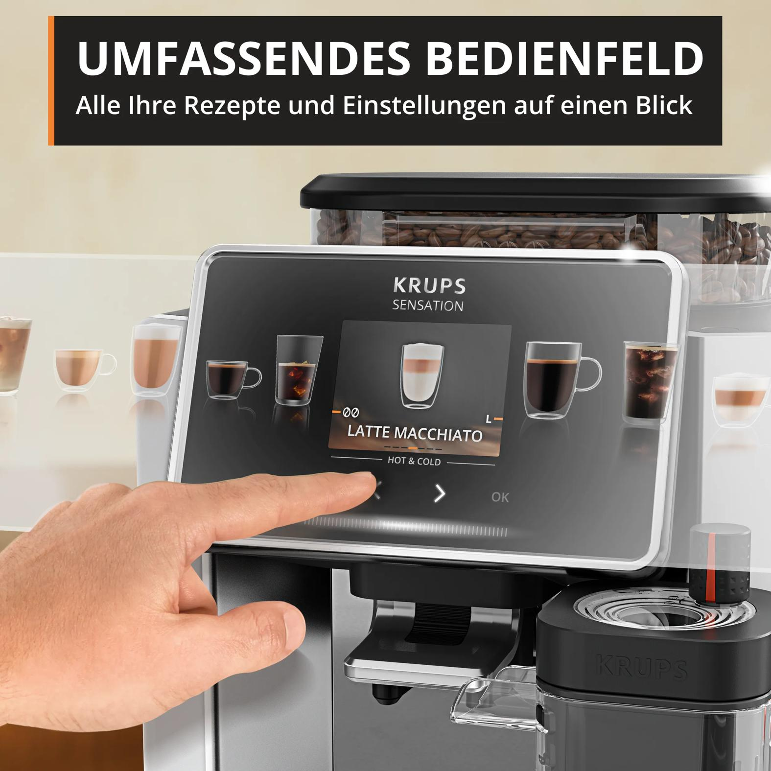 Krups Kaffeemaschine mit Touchscreen-Menü, zeigt Latte Macchiato an.