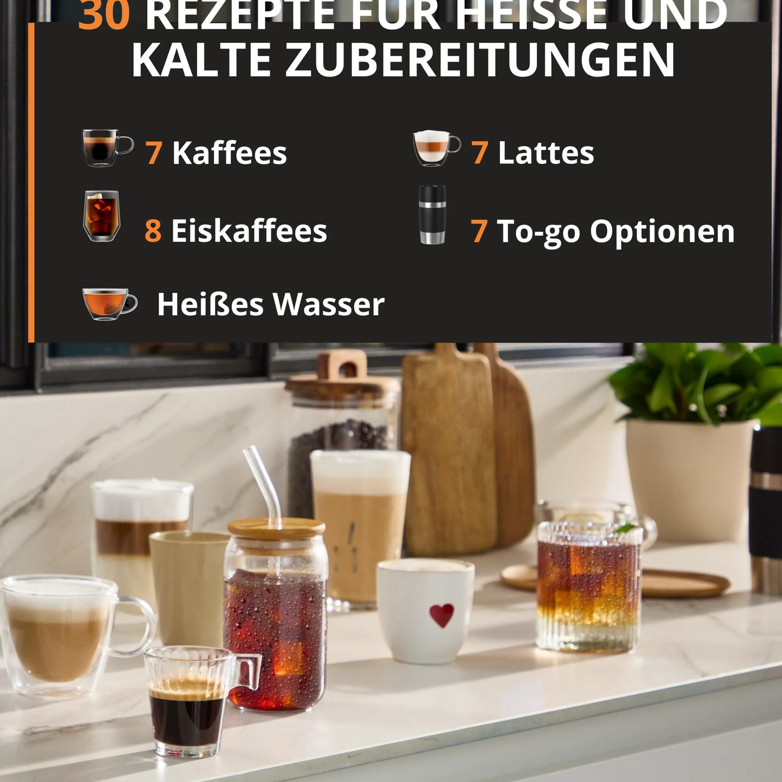 Liste von Kaffeezubereitungen: 7 Kaffees, 8 Eiskaffees, Heißes Wasser, 7 Lattes, 7 To-go.