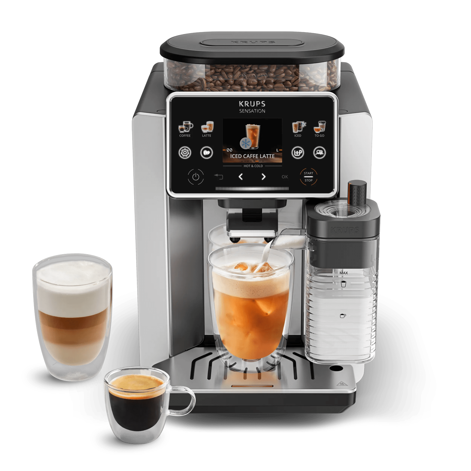 Krups Kaffeevollautomat mit Milchbehälter, zubereitet. Kaffee und Latte Macchiato.