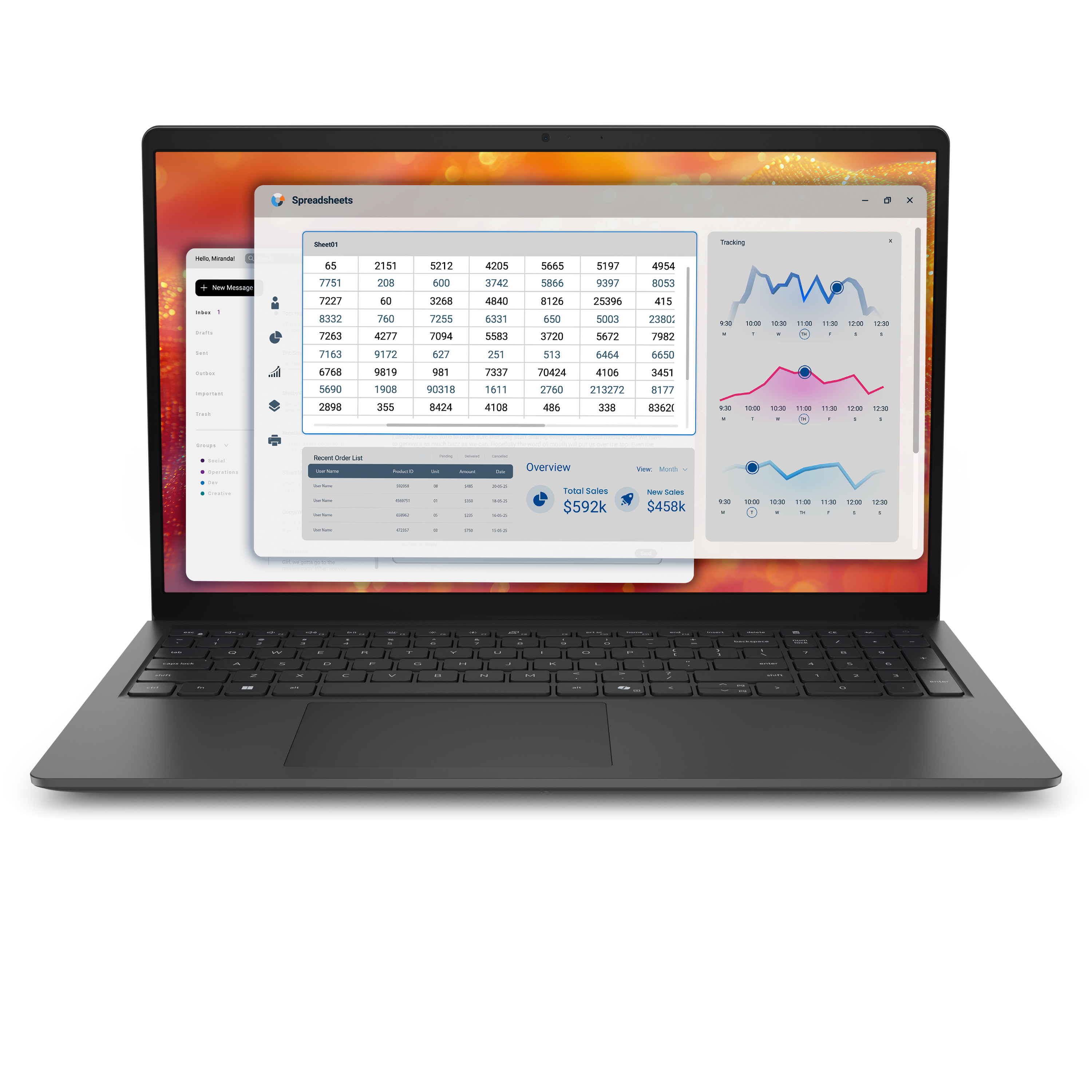 Laptop zeigt Tabellenkalkulationen mit Diagrammen, Tabellen und Nachrichten.