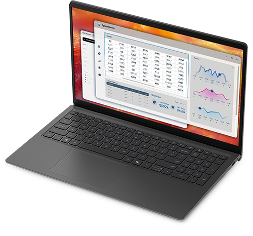 Ein geöffneter Laptop mit Tabellen und Diagrammen auf dem Bildschirm.