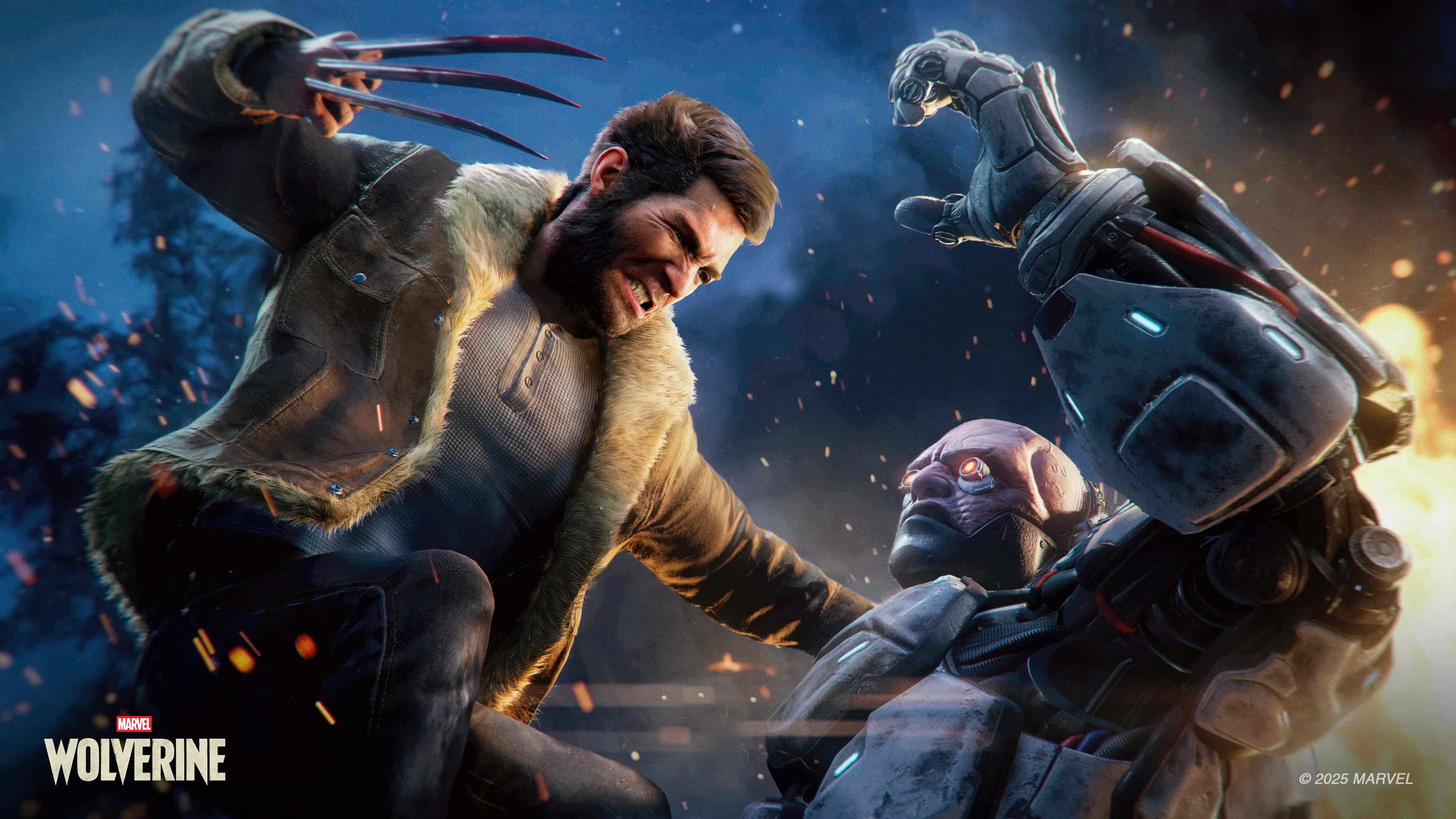 Wolverine mit Klauen kämpft gegen einen kybernetischen Gegner vor blauer Kulisse.