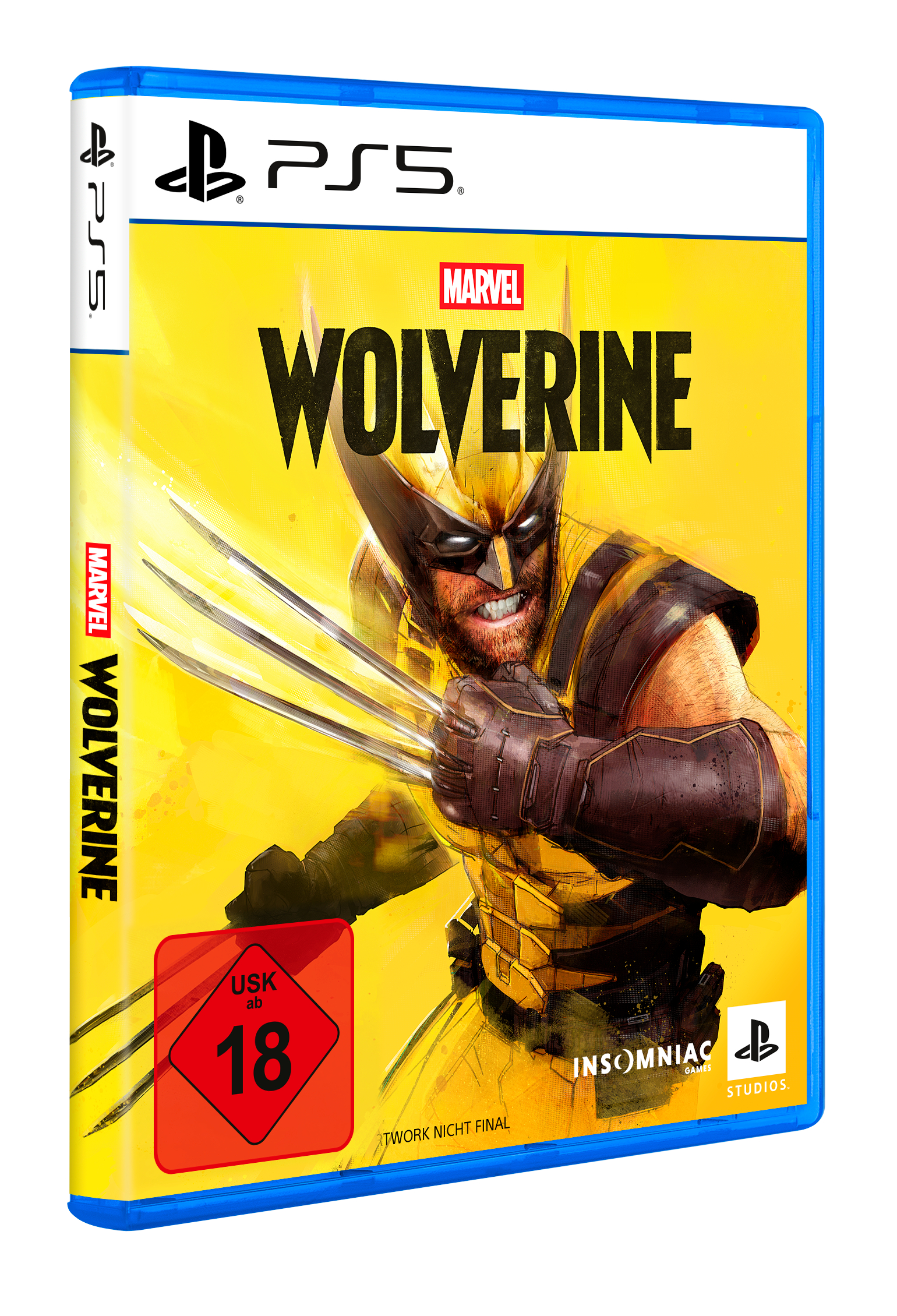 Marvel Wolverine PS5 Spielhülle mit Wolverine und Krallen auf gelbem Hintergrund.