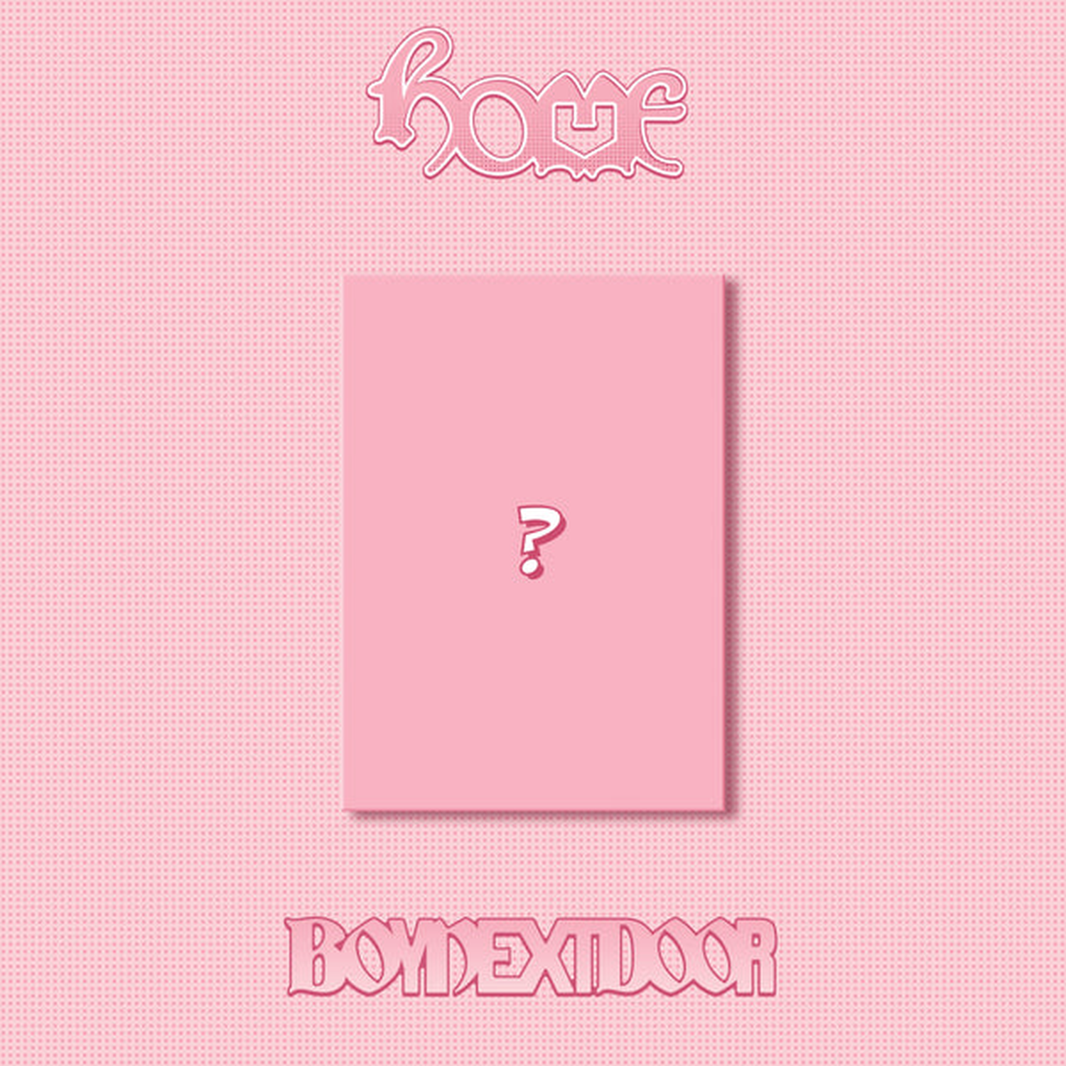 Pink background with "HOME" text and a pink square with a question mark.