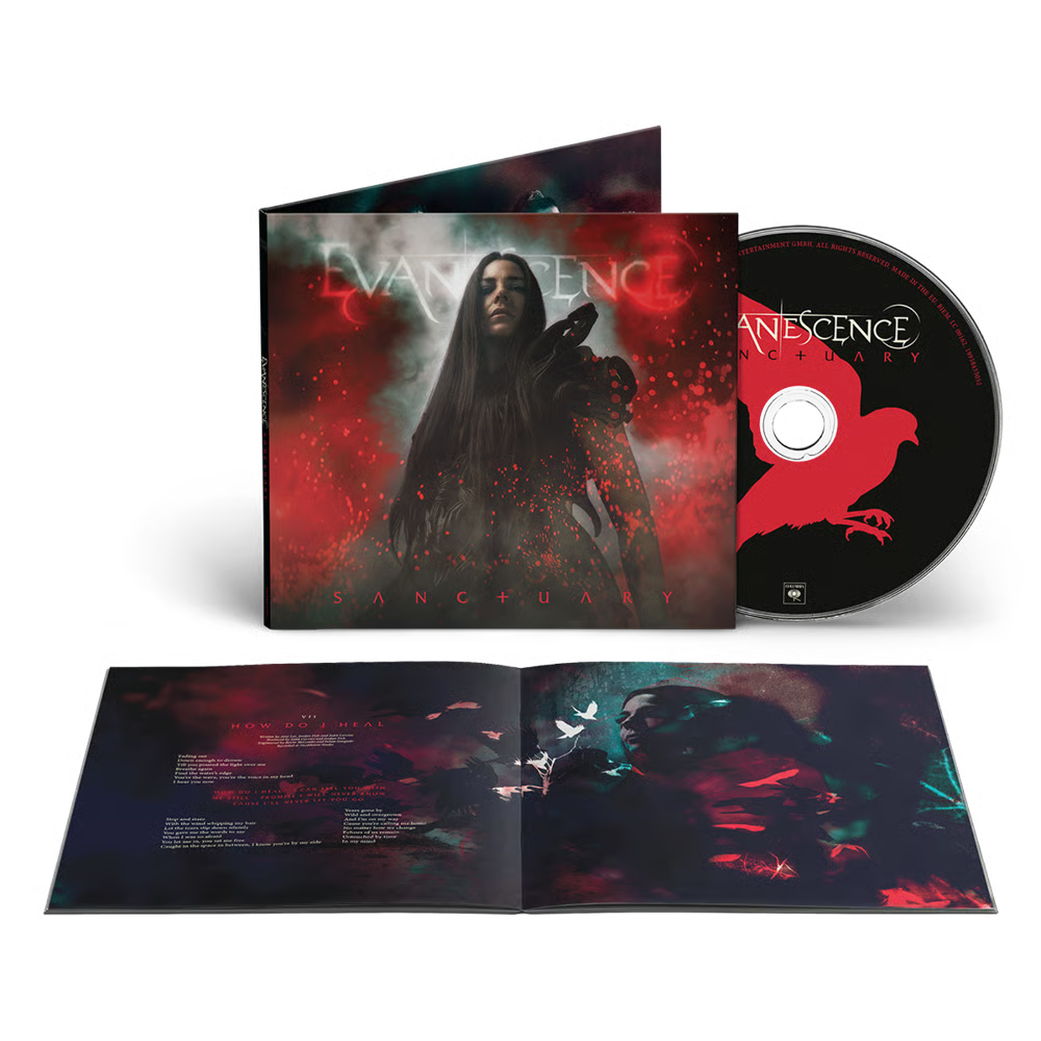 Evanescence albumhoes met CD en boekje. Rode vogel op zwarte achtergrond.